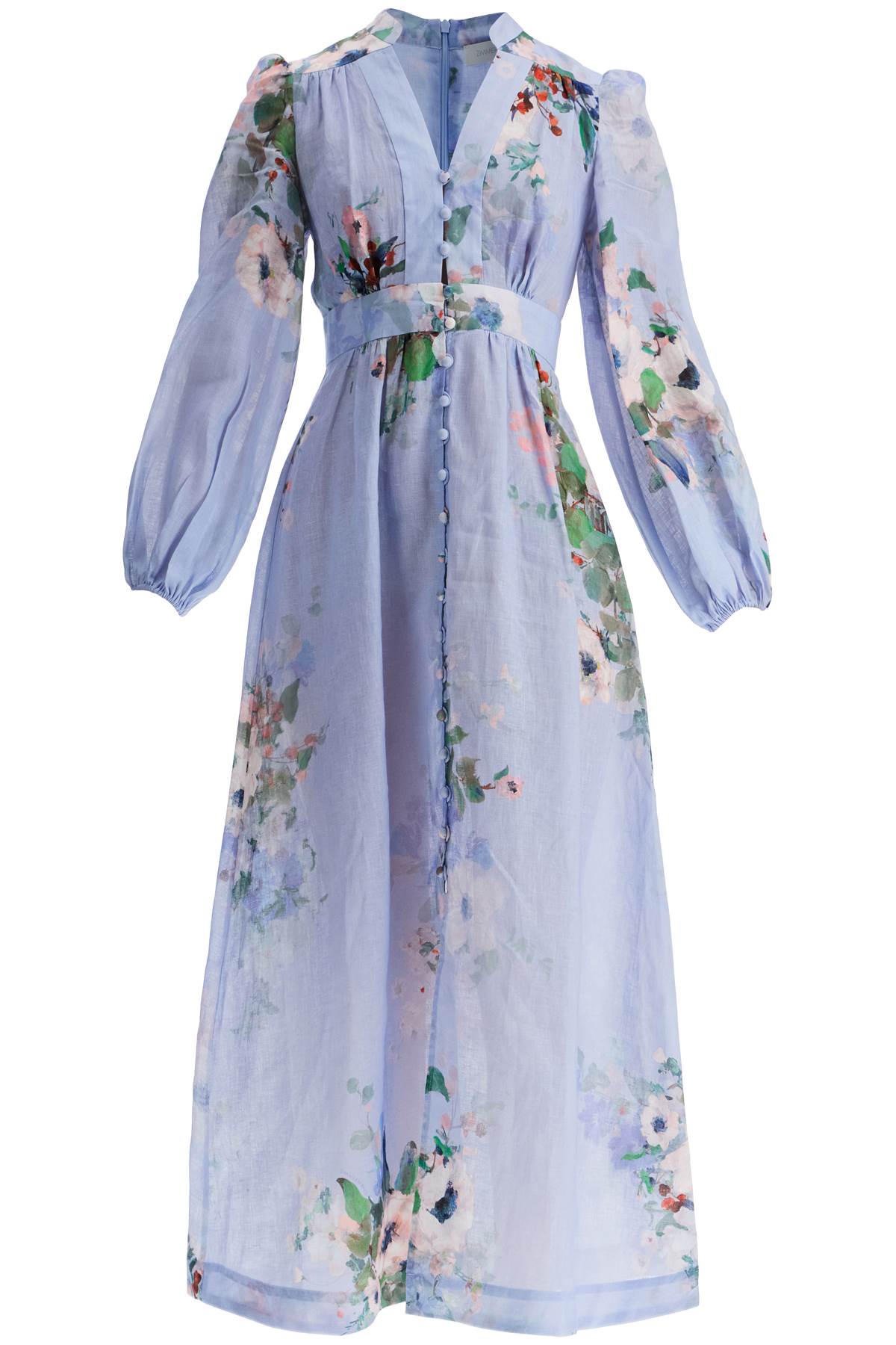 Zimmermann light blue watercolor floral midi dress with deep v neckline image 0