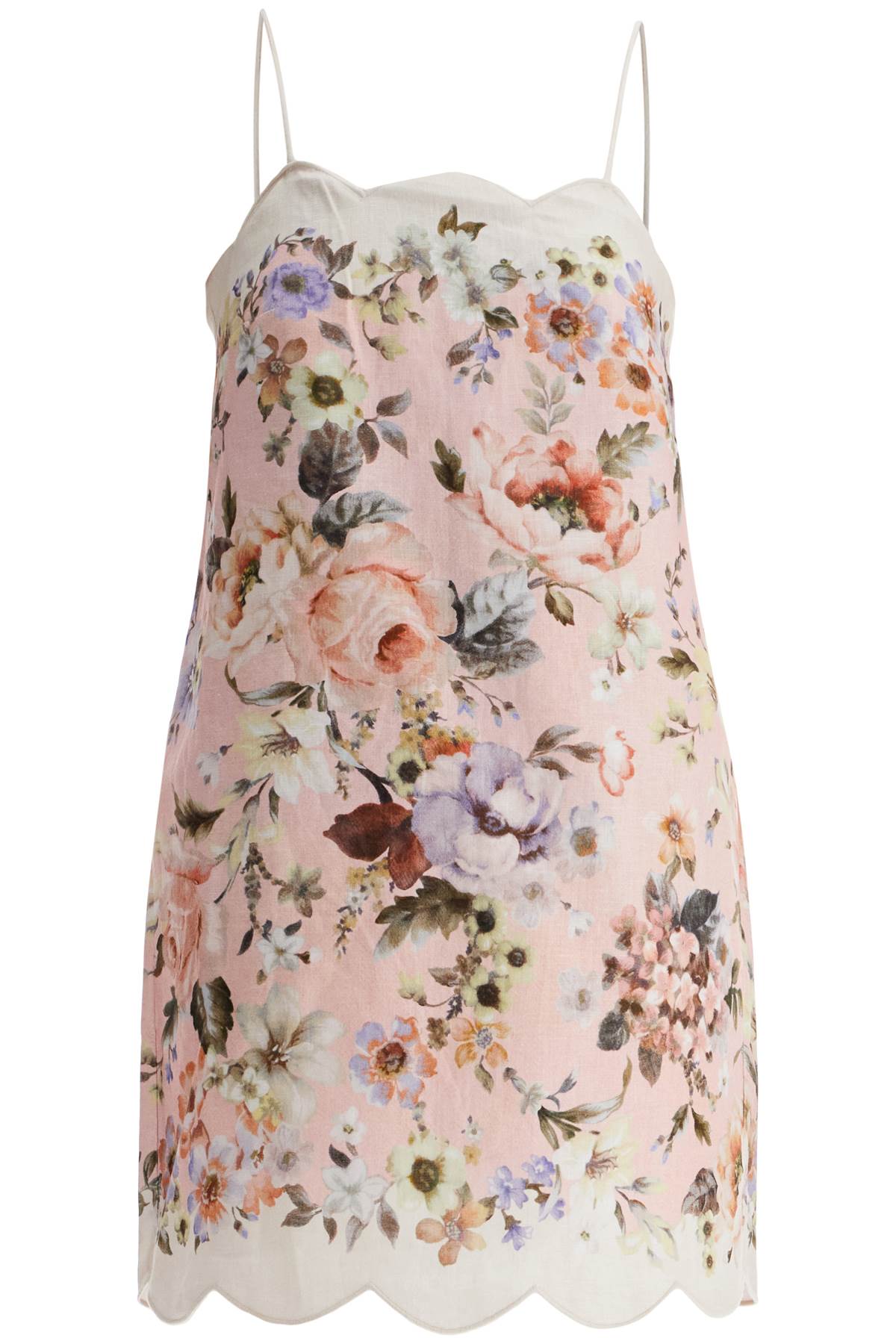 Zimmermann mini floral linen dress in pink with scallop neckline and sleeveless image 0