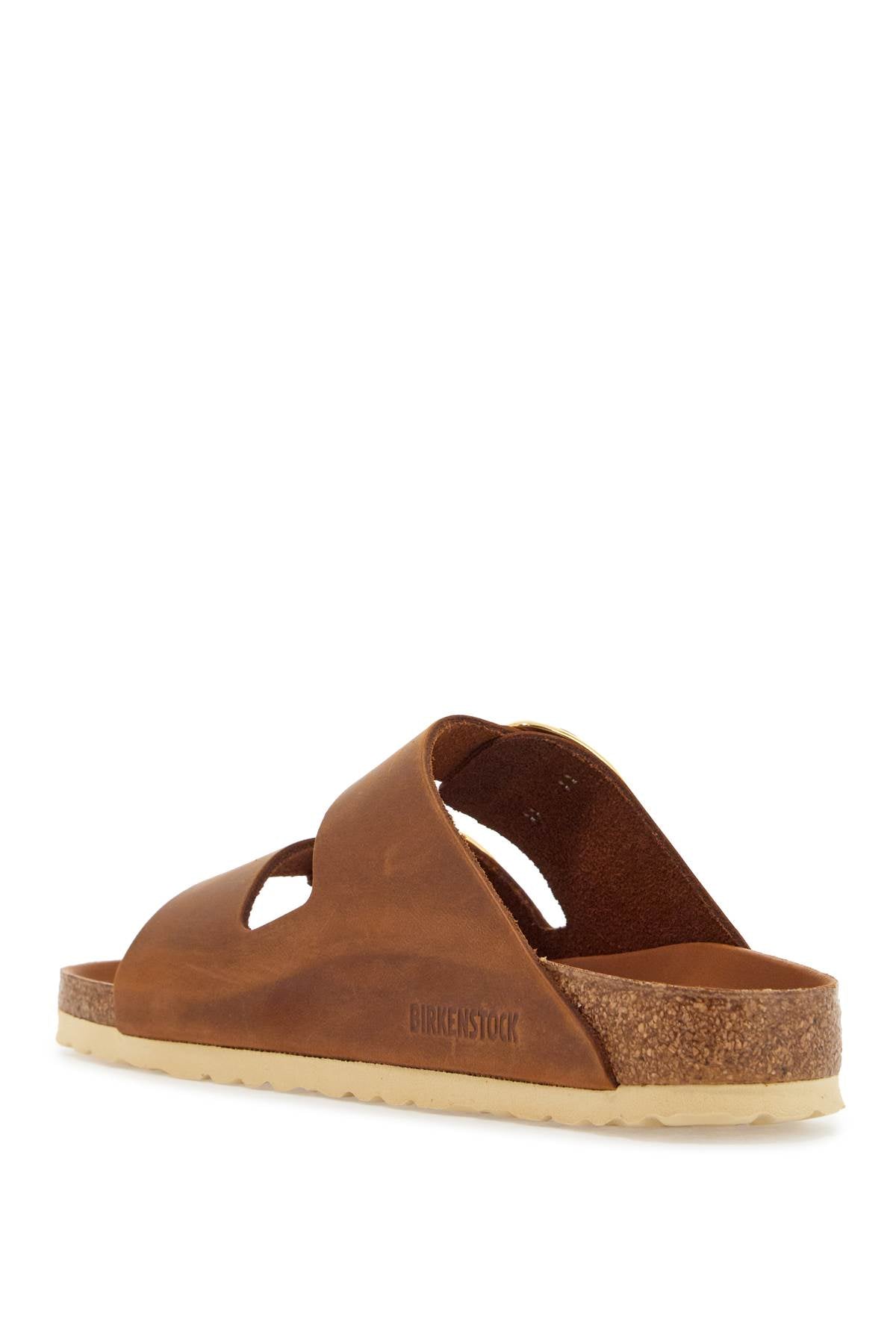 Birkenstock oiled leather cognac slippers with large golden buckles image 2