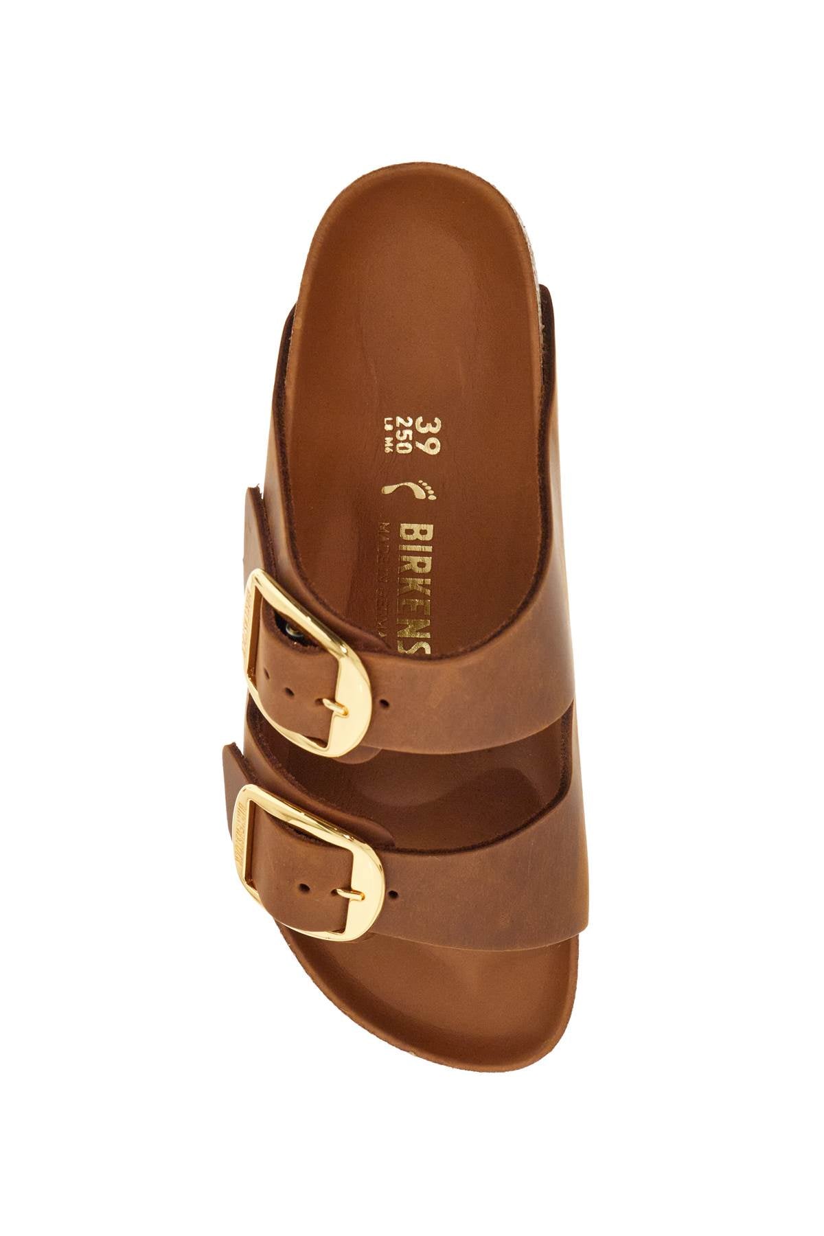 Birkenstock oiled leather cognac slippers with large golden buckles image 1