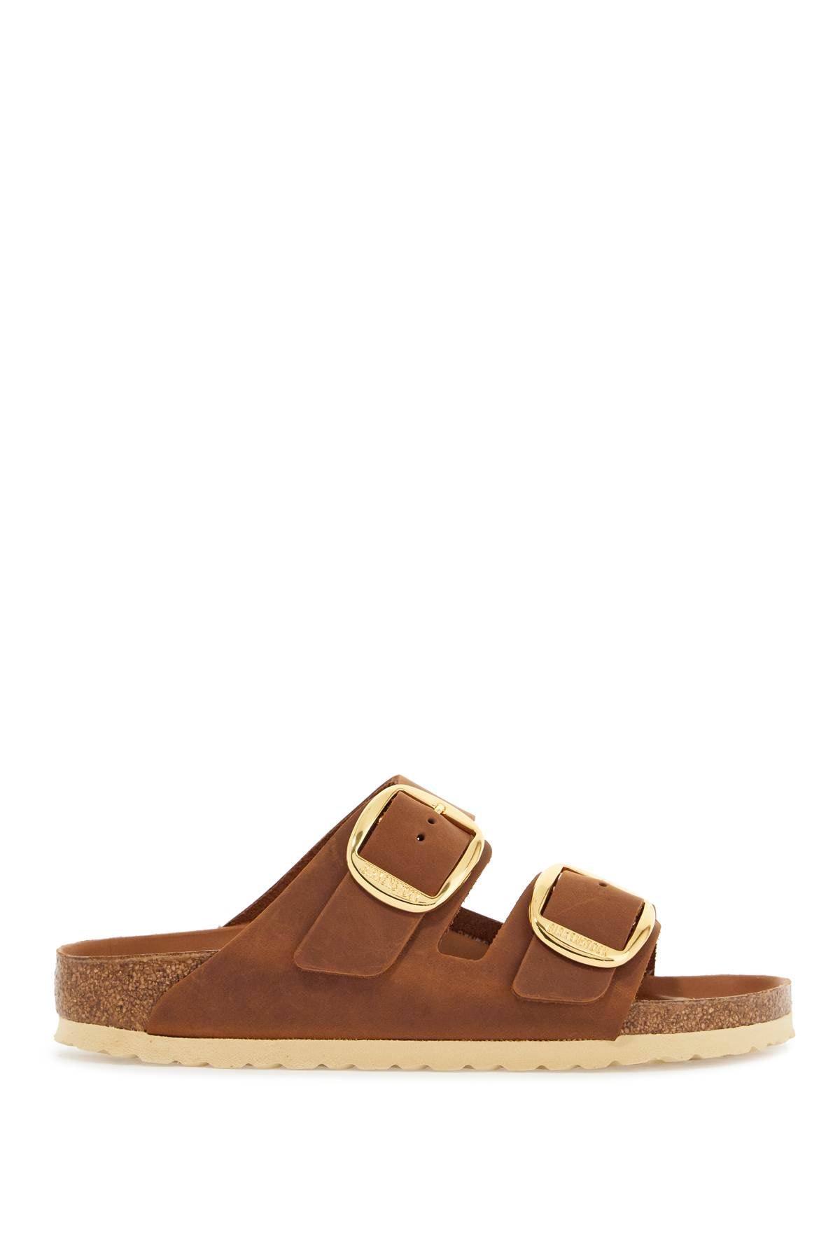 Birkenstock oiled leather cognac slippers with large golden buckles image 0