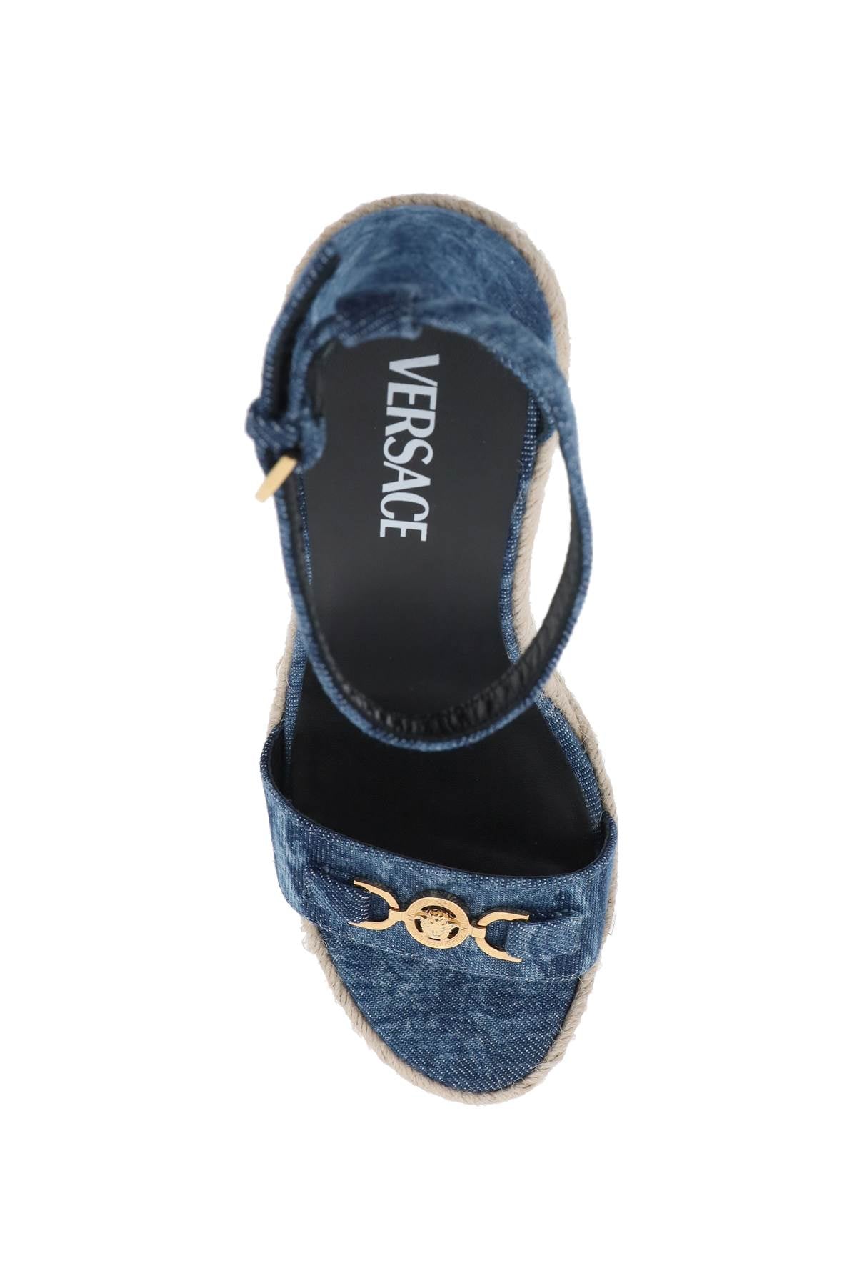 Versace Denim Barocco Wedge Sandals with Medusa Detail image 1