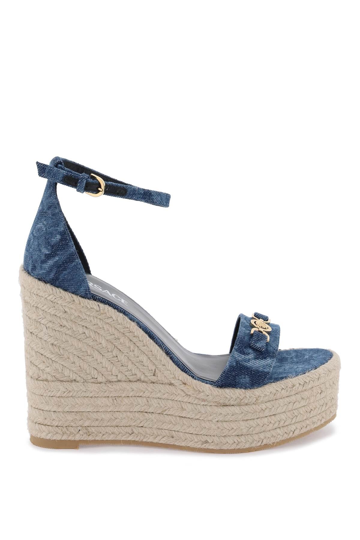 Versace Denim Barocco Wedge Sandals with Medusa Detail image 0