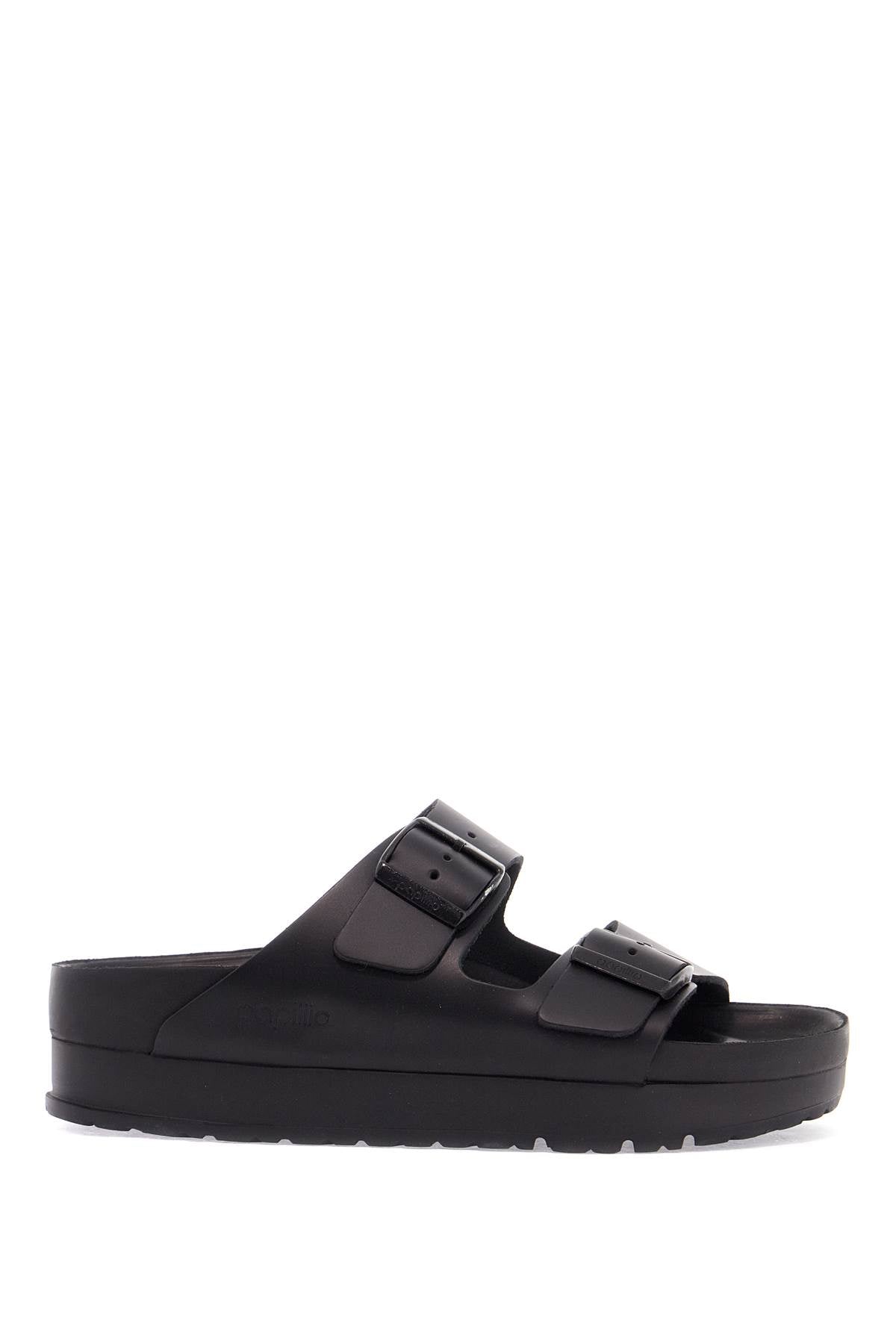 Birkenstock black leather platform sandals with two straps and metal buckles image 0