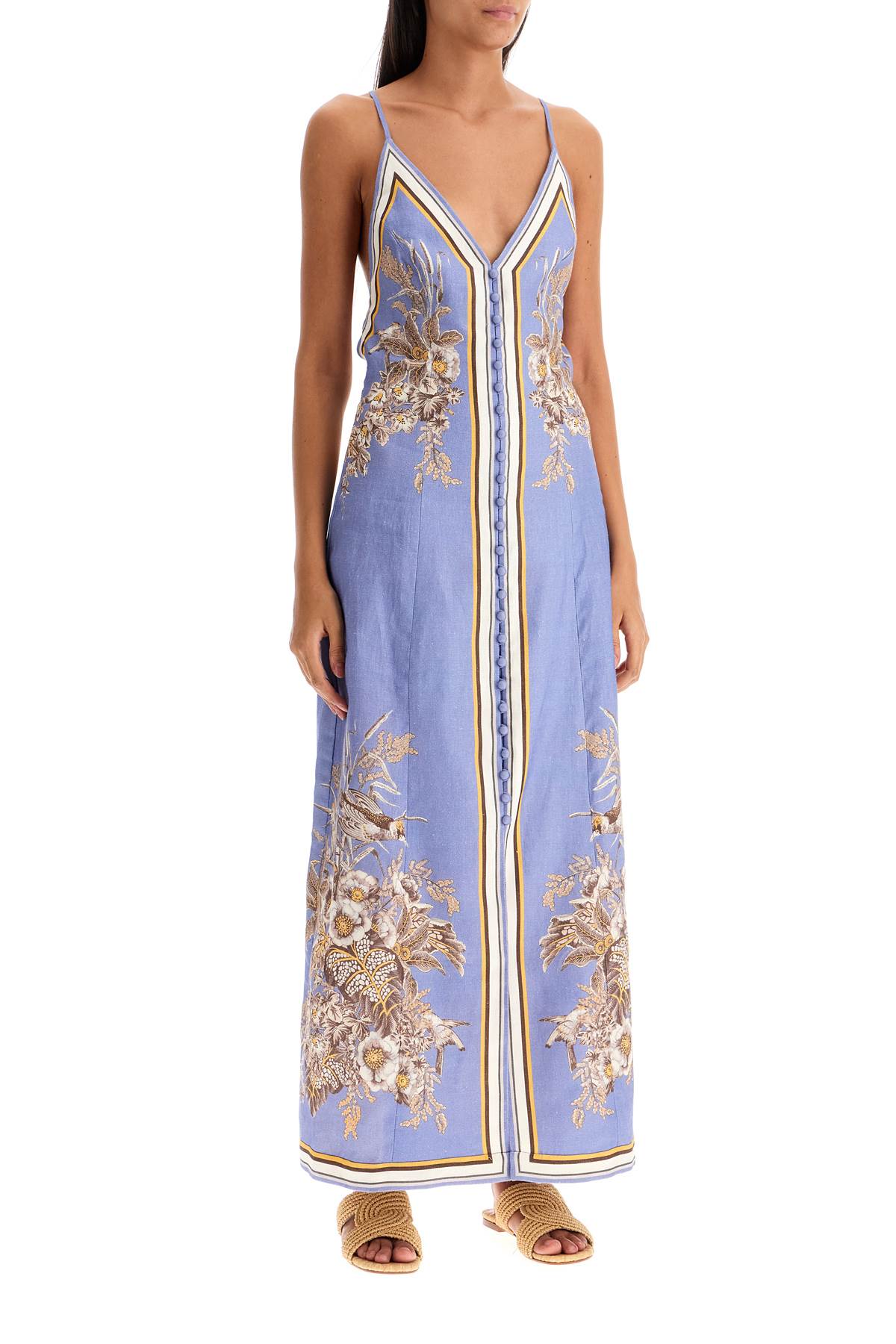 Zimmermann Long Linen Dress with Floral Motifs and Striped Details image 1