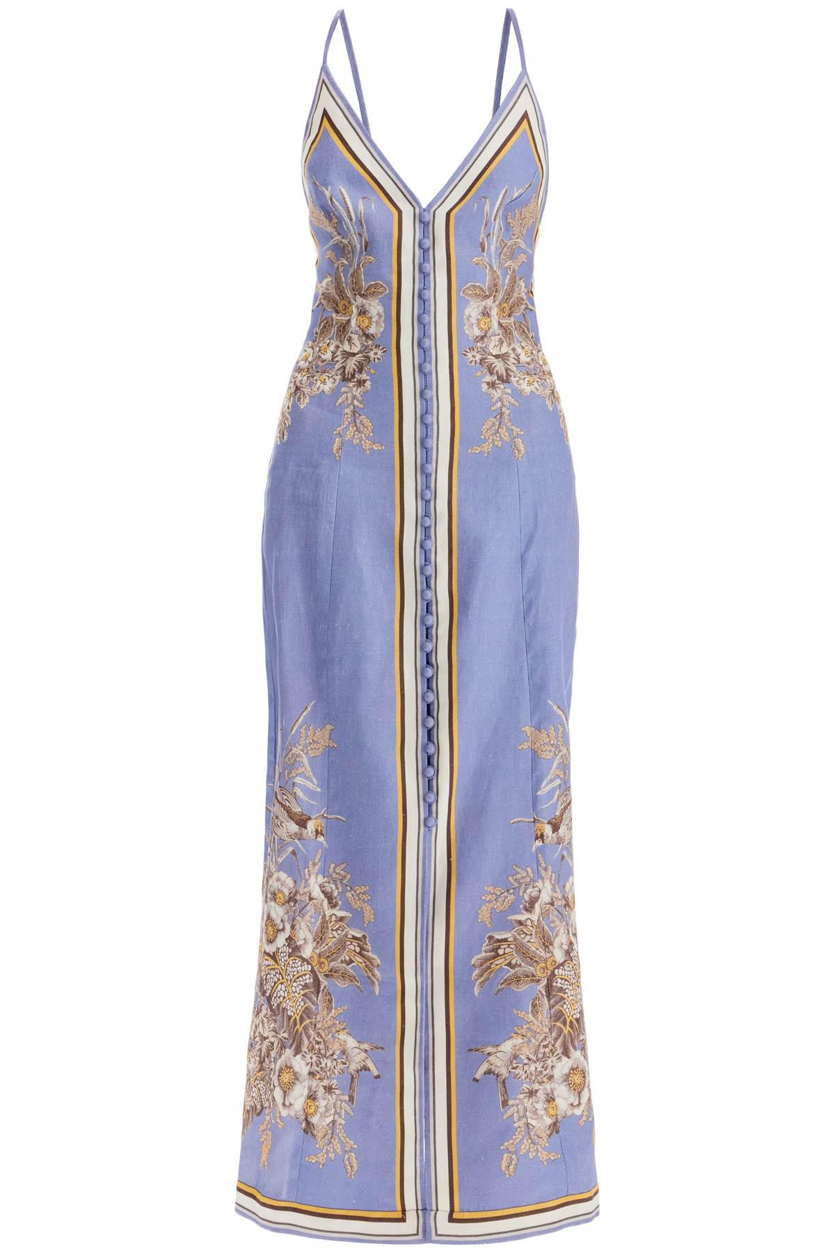 Zimmermann Long Linen Dress with Floral Motifs and Striped Details image 0