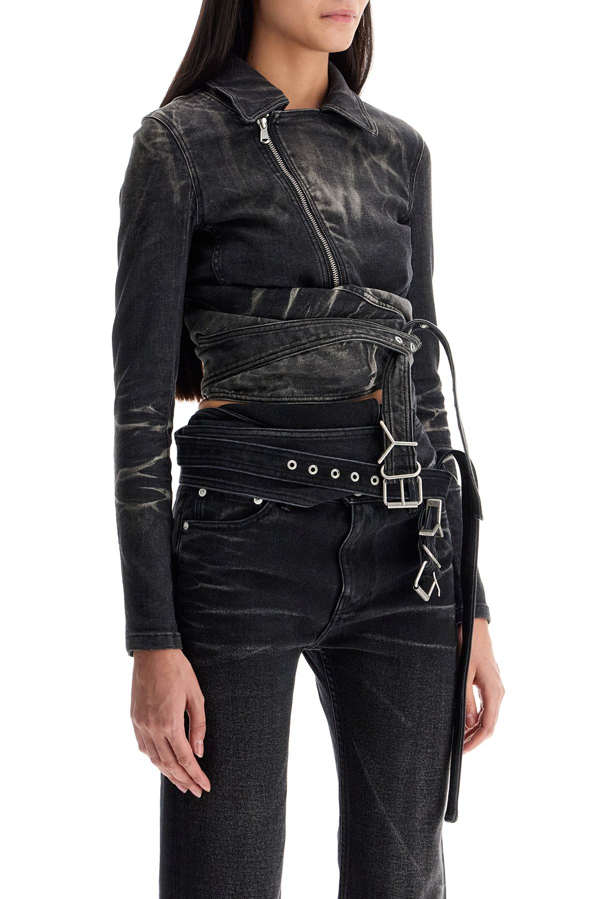 Y/Project Black Denim Jacket with Criss-Cross Belt image 1