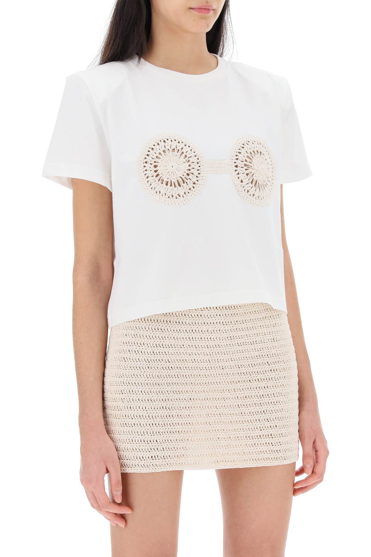 Magda Butrym Cropped Cotton Jersey T-Shirt with Crochet Detail image 1