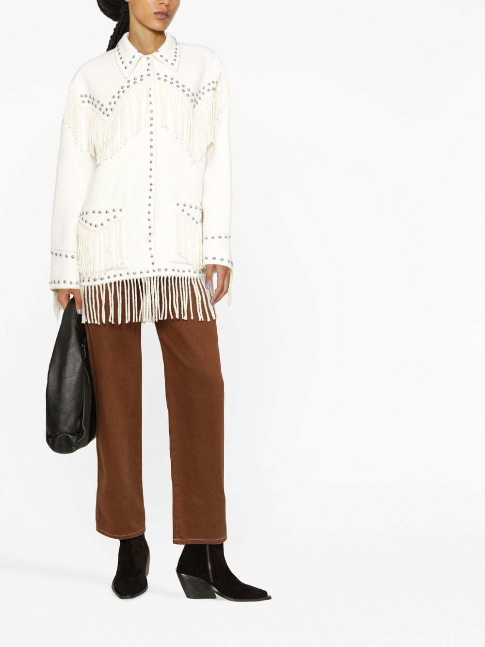 P.A.R.O.S.H. White Wool Stud-Embellished Fringed Jacket image 1