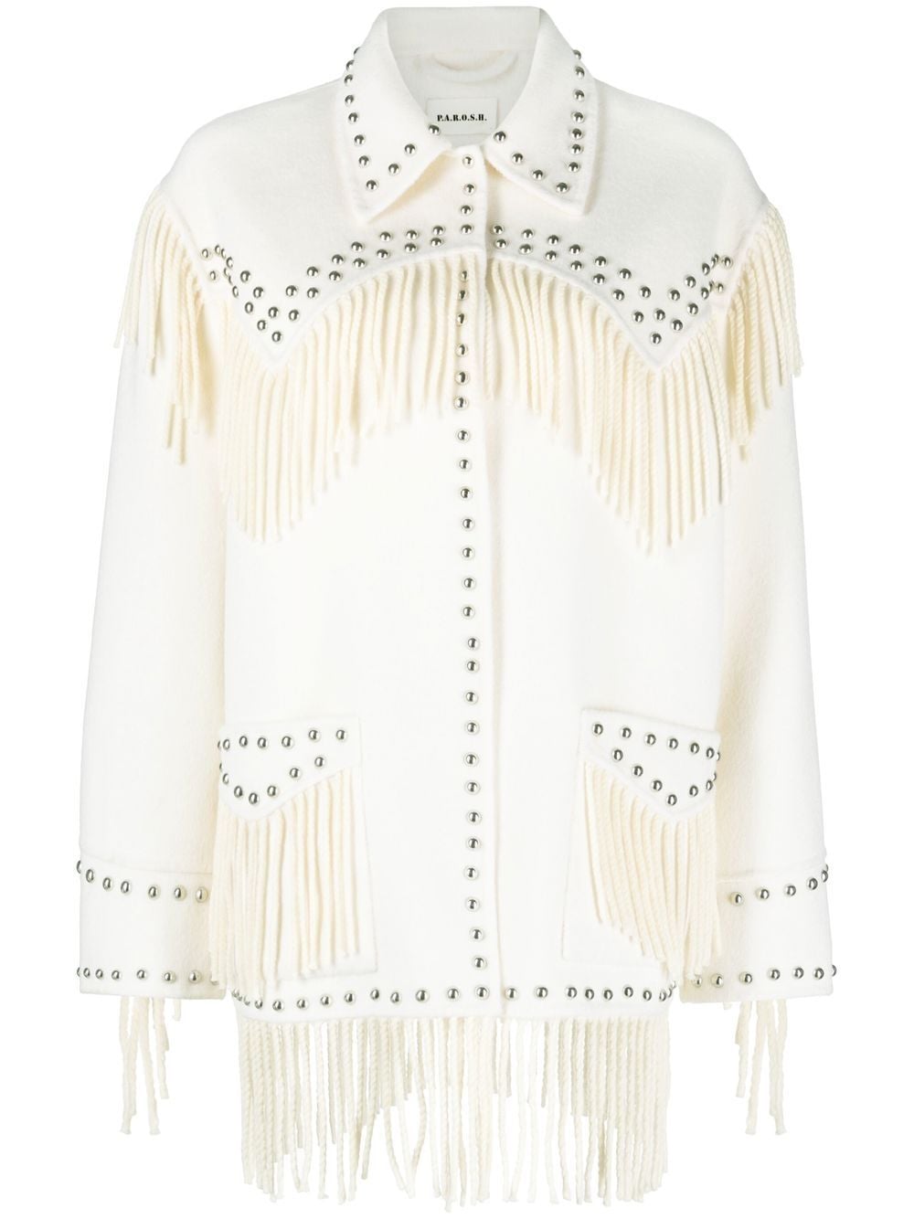 P.A.R.O.S.H. White Wool Stud-Embellished Fringed Jacket image 0