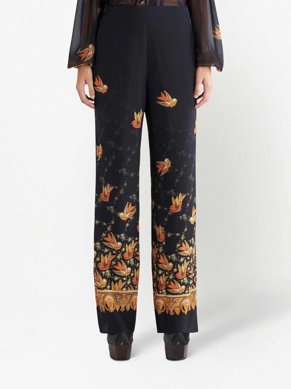 Etro Black Silk Paisley-Print Straight Trousers image 2