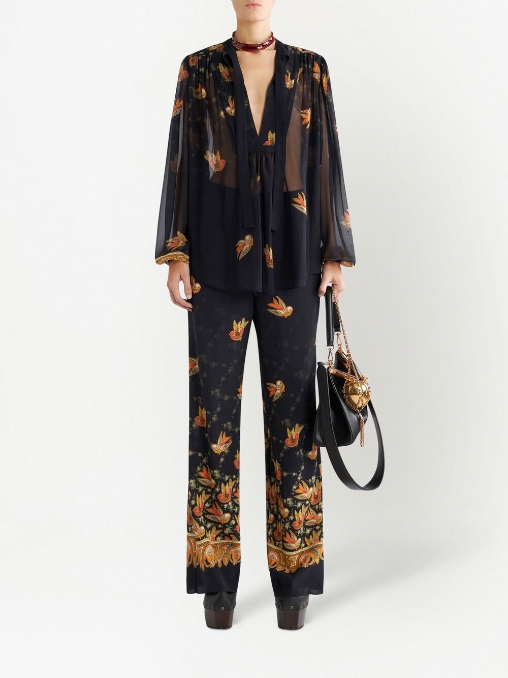 Etro Black Silk Paisley-Print Straight Trousers image 3