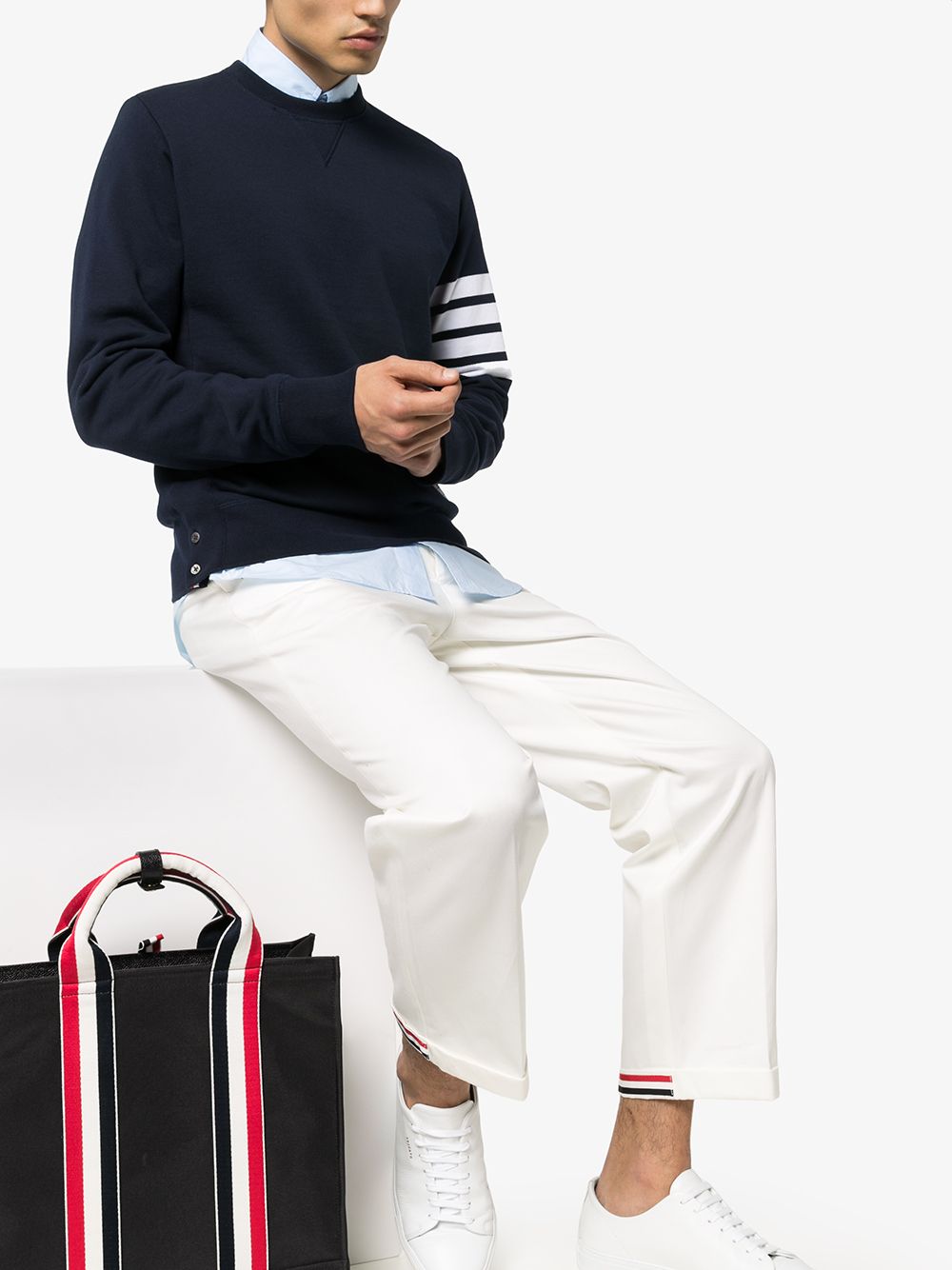 Thom Browne Navy Blue Brushed Cotton Crewneck Sweater image 4