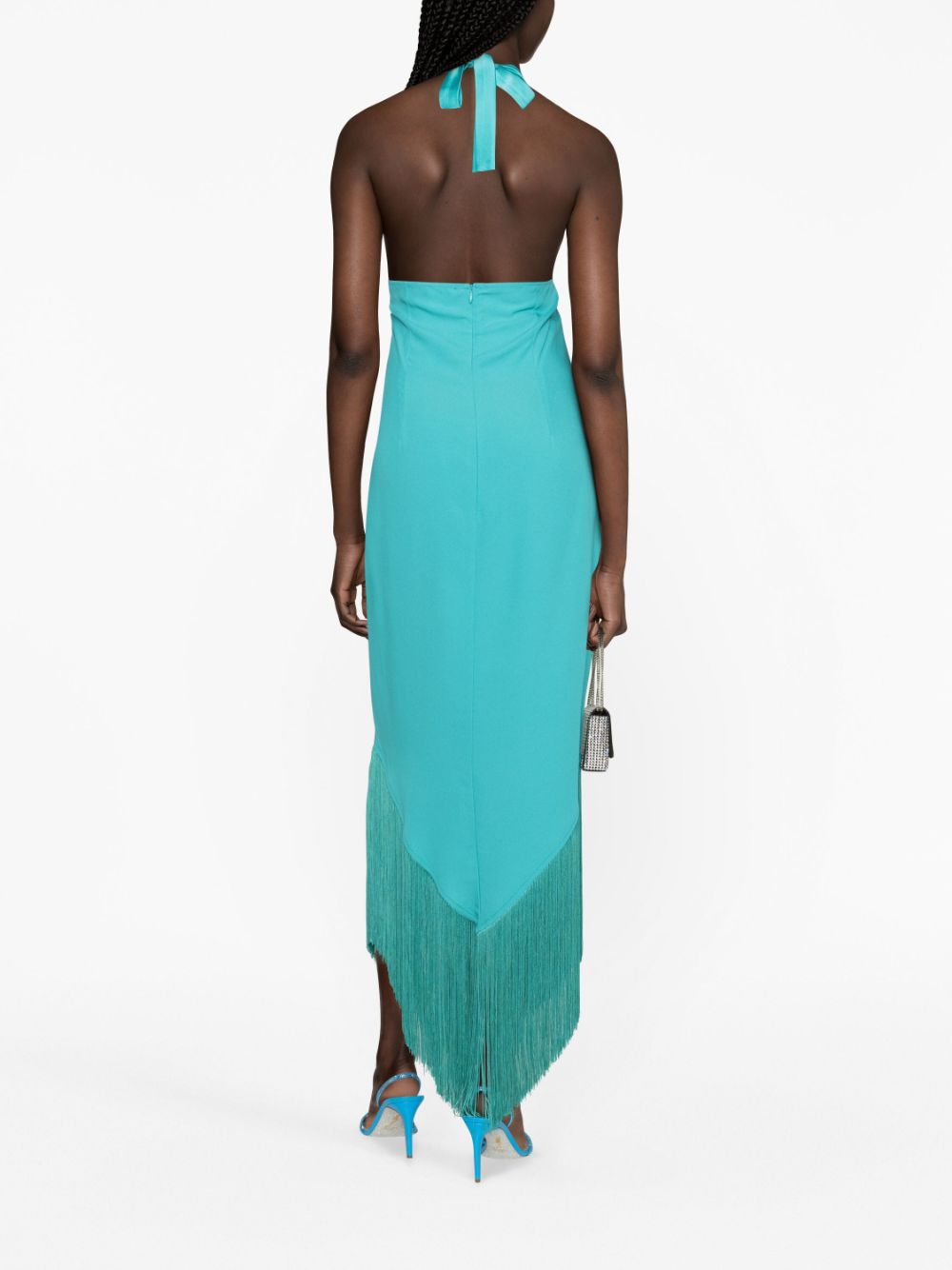 TALLER MARMO Asymmetric Fringed Halter Dress in Turquoise Blue image 1