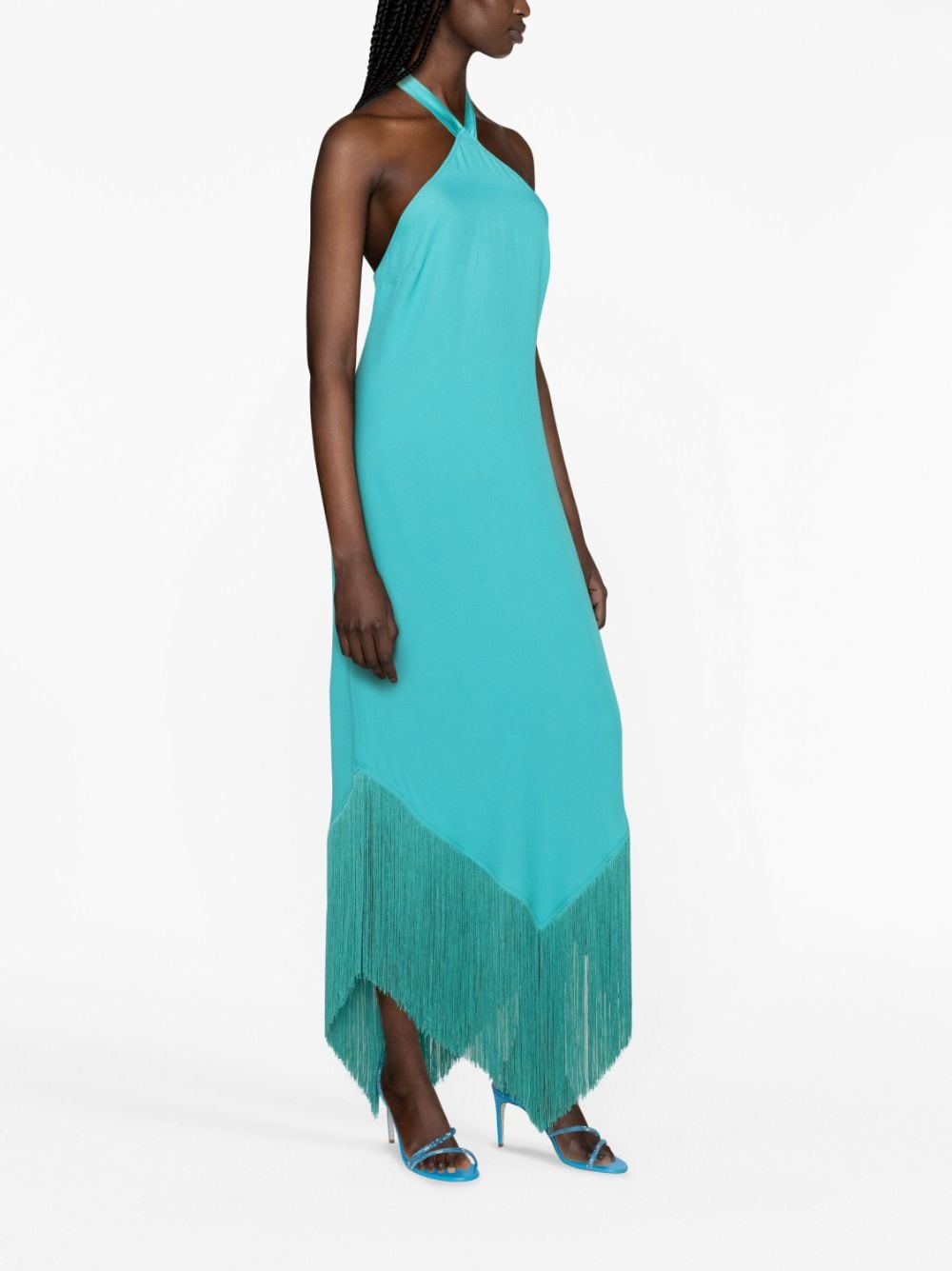 TALLER MARMO Asymmetric Fringed Halter Dress in Turquoise Blue image 2