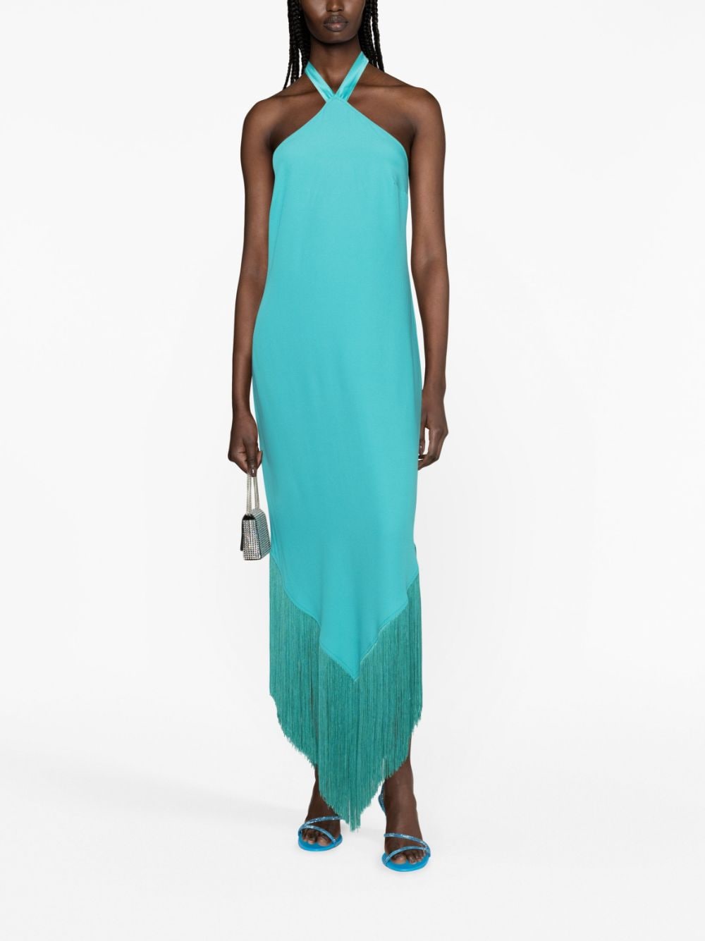 TALLER MARMO Asymmetric Fringed Halter Dress in Turquoise Blue image 3