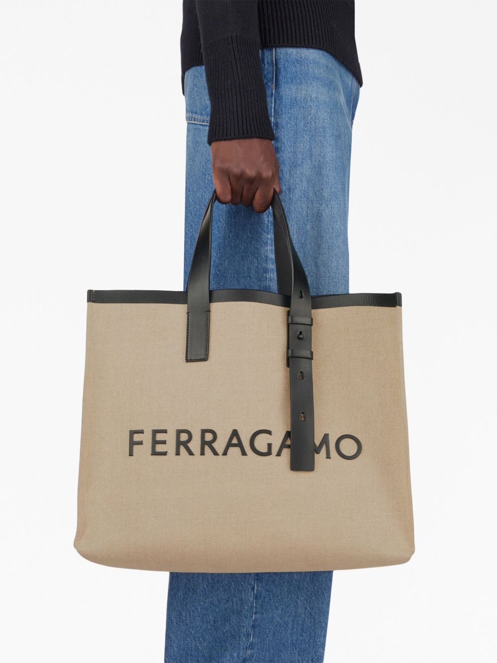 Ferragamo Beige Logo-Embossed Leather Tote Bag image 6