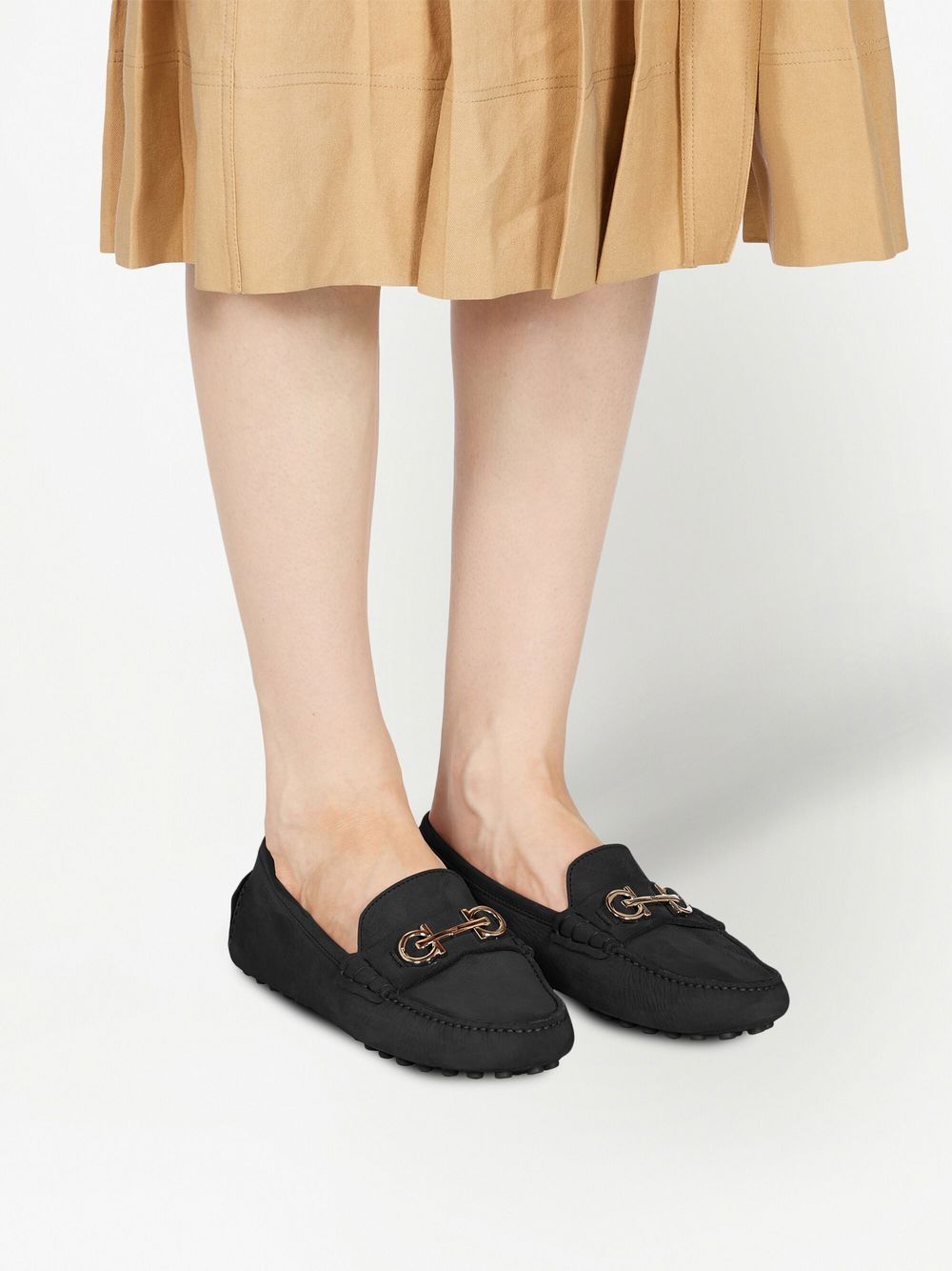 Ferragamo Gancini Buckle Flat Shoes - Black Calf Suede image 4