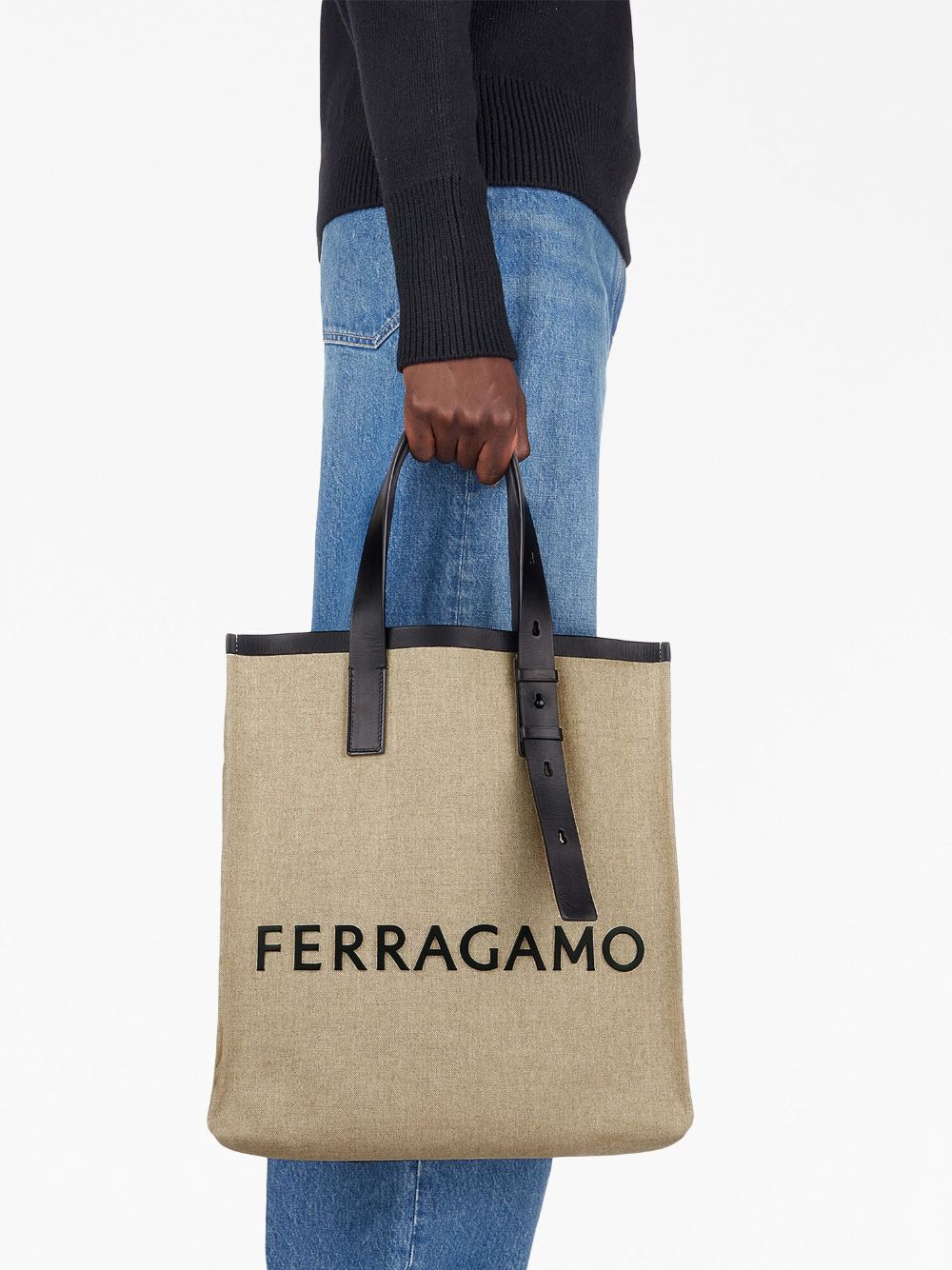 Ferragamo Beige Leather Embossed Logo Tote Bag image 2