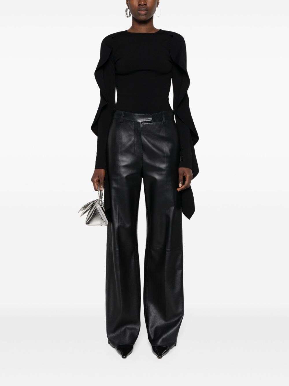 Mugler Black Stretch Knit Asymmetric Sweater image 1