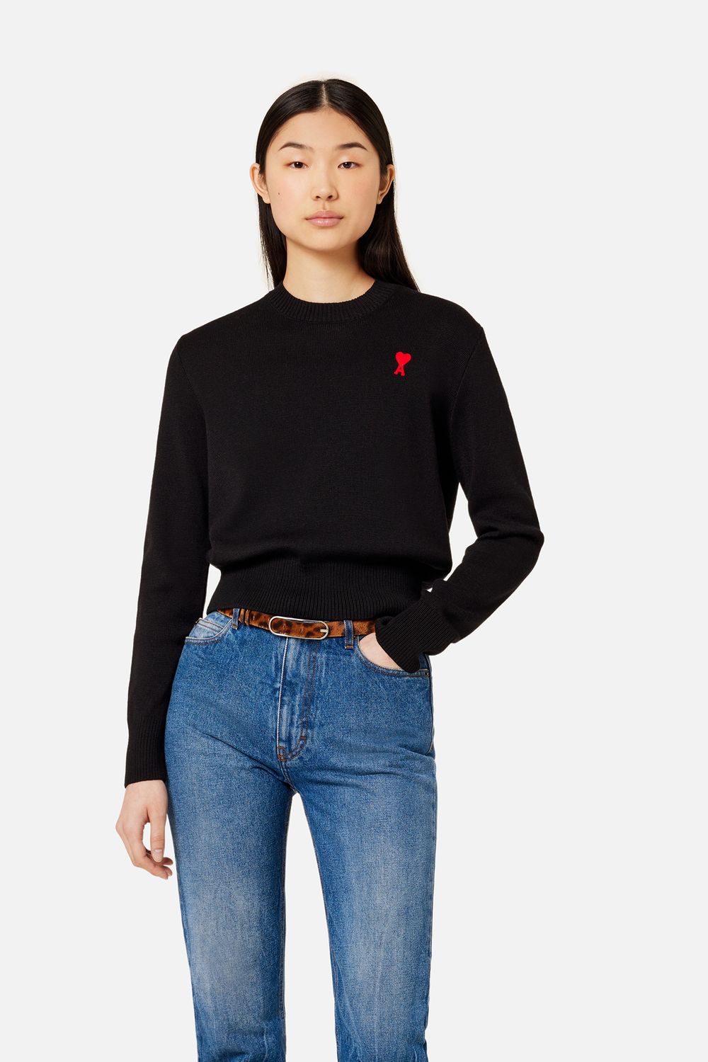 AMI Paris Black Wool Crewneck Sweater with Logo image 6