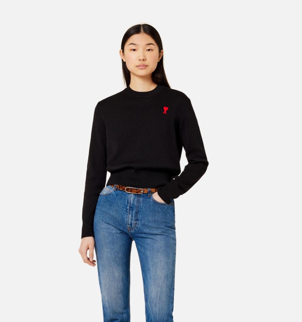 AMI Paris Black Wool Crewneck Sweater with Logo image 7