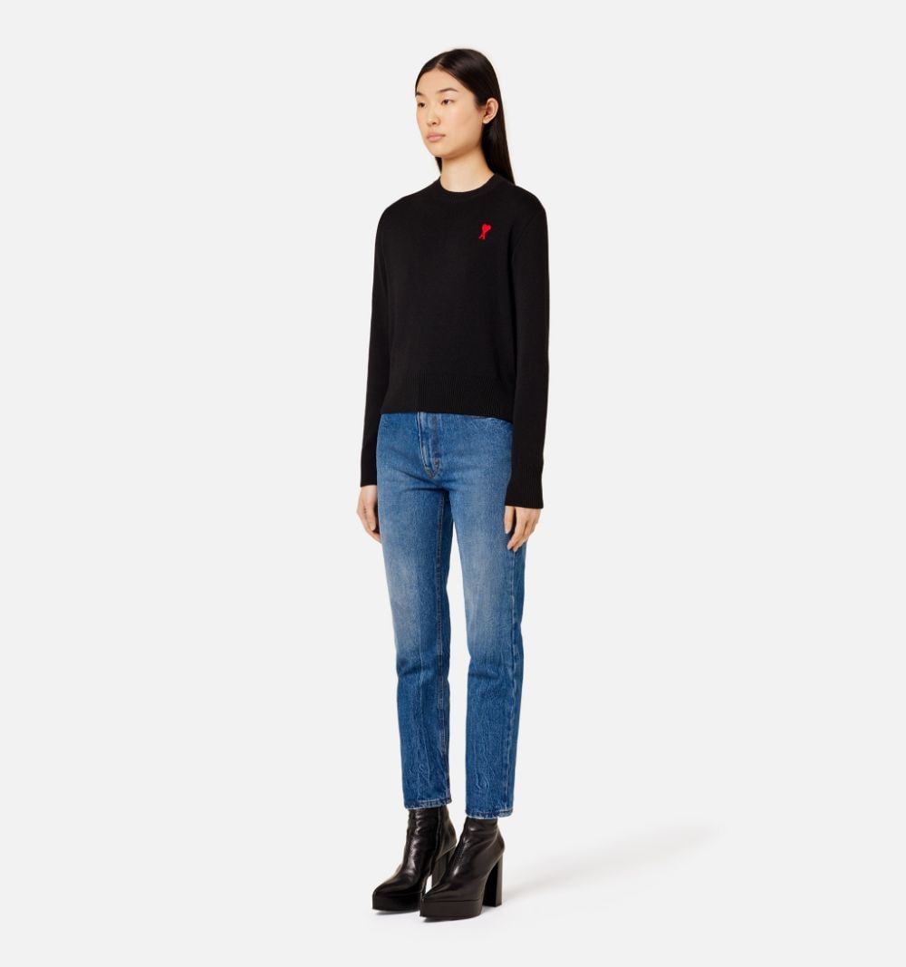 AMI Paris Black Wool Crewneck Sweater with Logo image 9