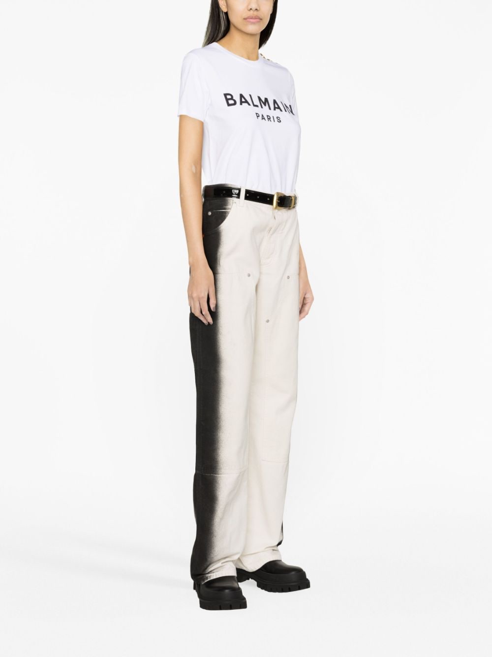 Balmain White Logo-Print Cotton T-Shirt with Button Detail image 2