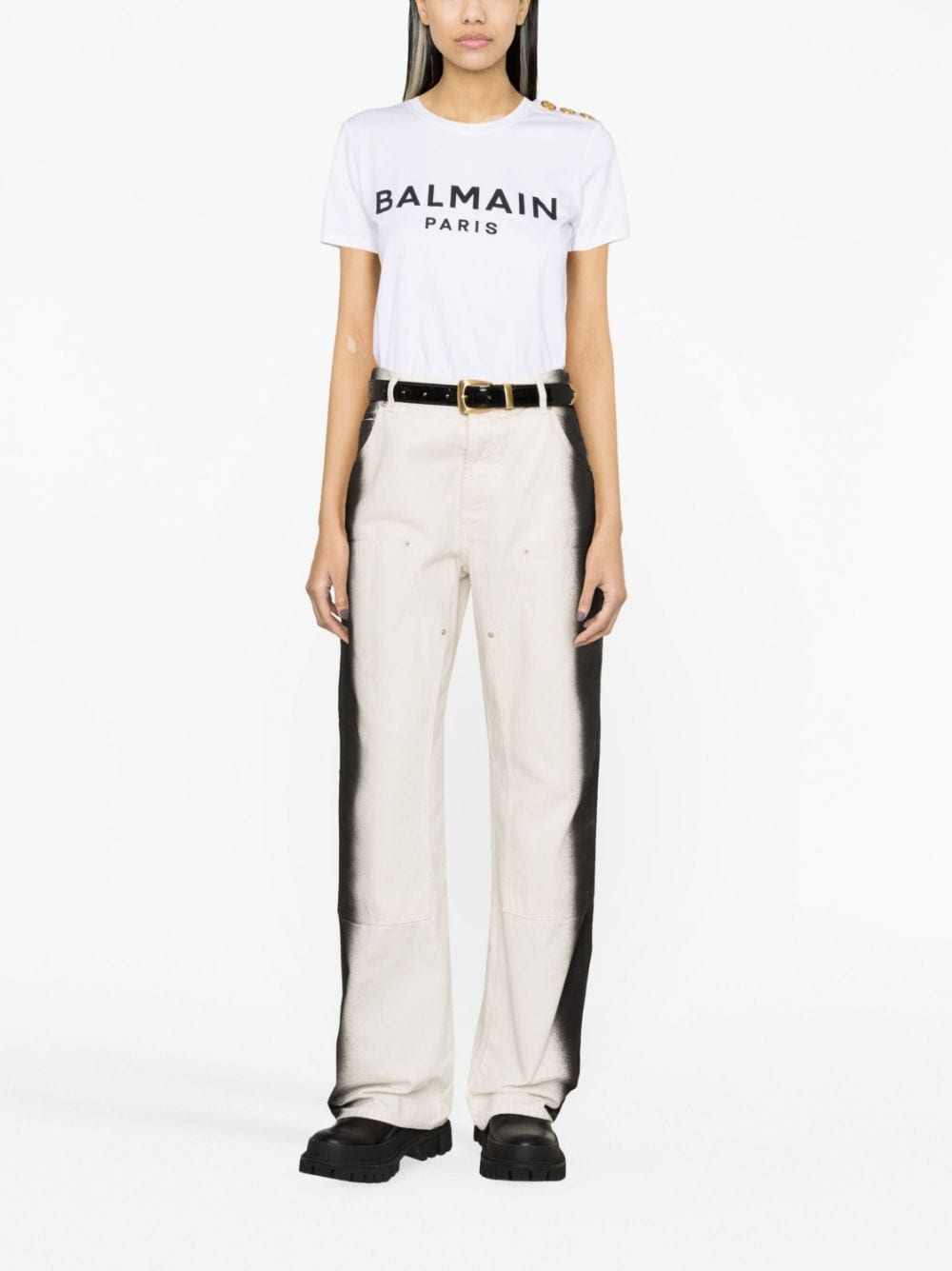 Balmain White Logo-Print Cotton T-Shirt with Button Detail image 3