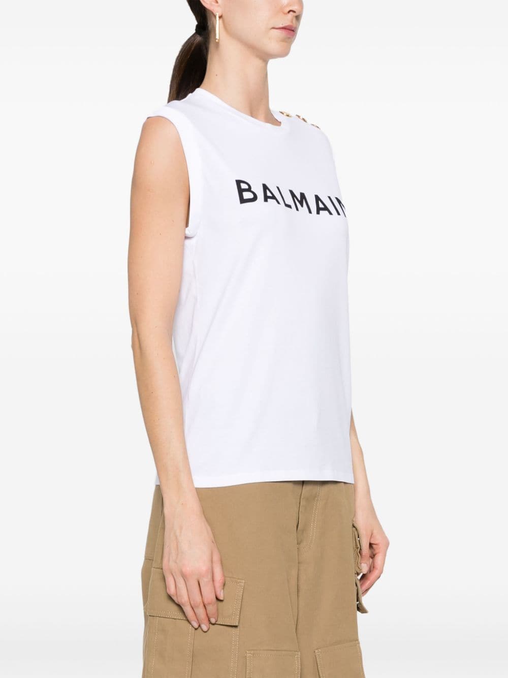 Balmain White Cotton Logo Print Sleeveless Top image 3