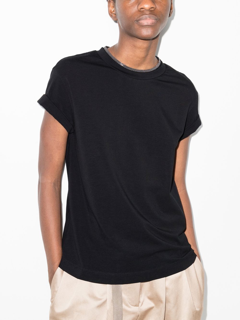 Brunello Cucinelli Contrast-Trim T-Shirt - Black image 3