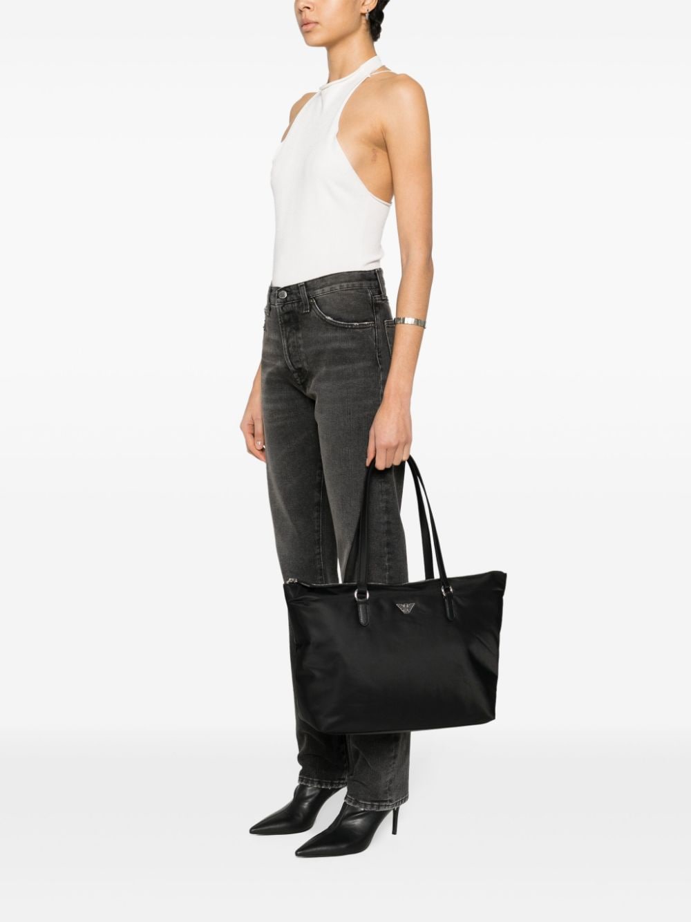 Emporio Armani Black Leather Tote Bag with Silver Logo image 4