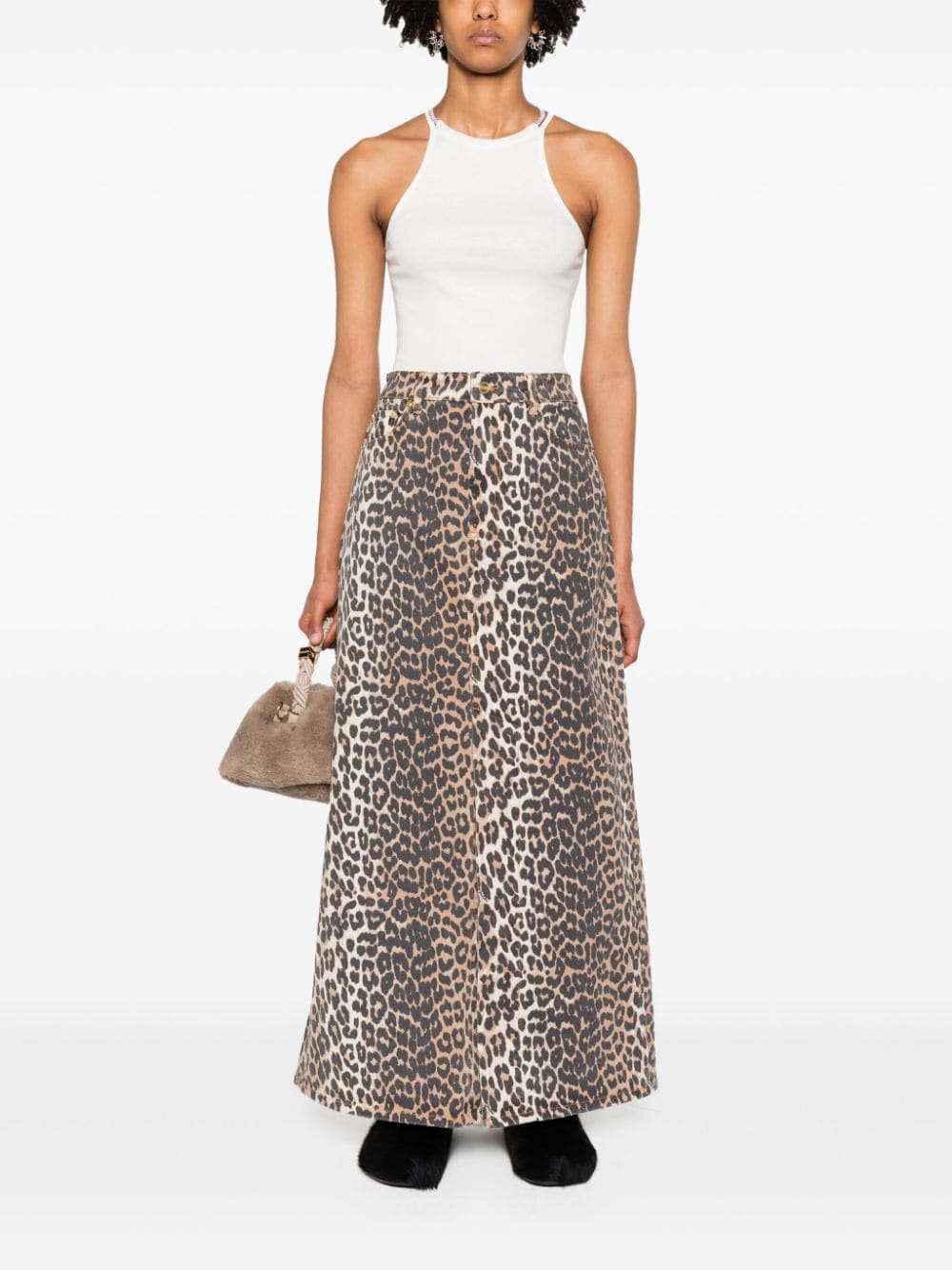 GANNI Brown Leopard Print Organic Cotton Denim Skirt image 3