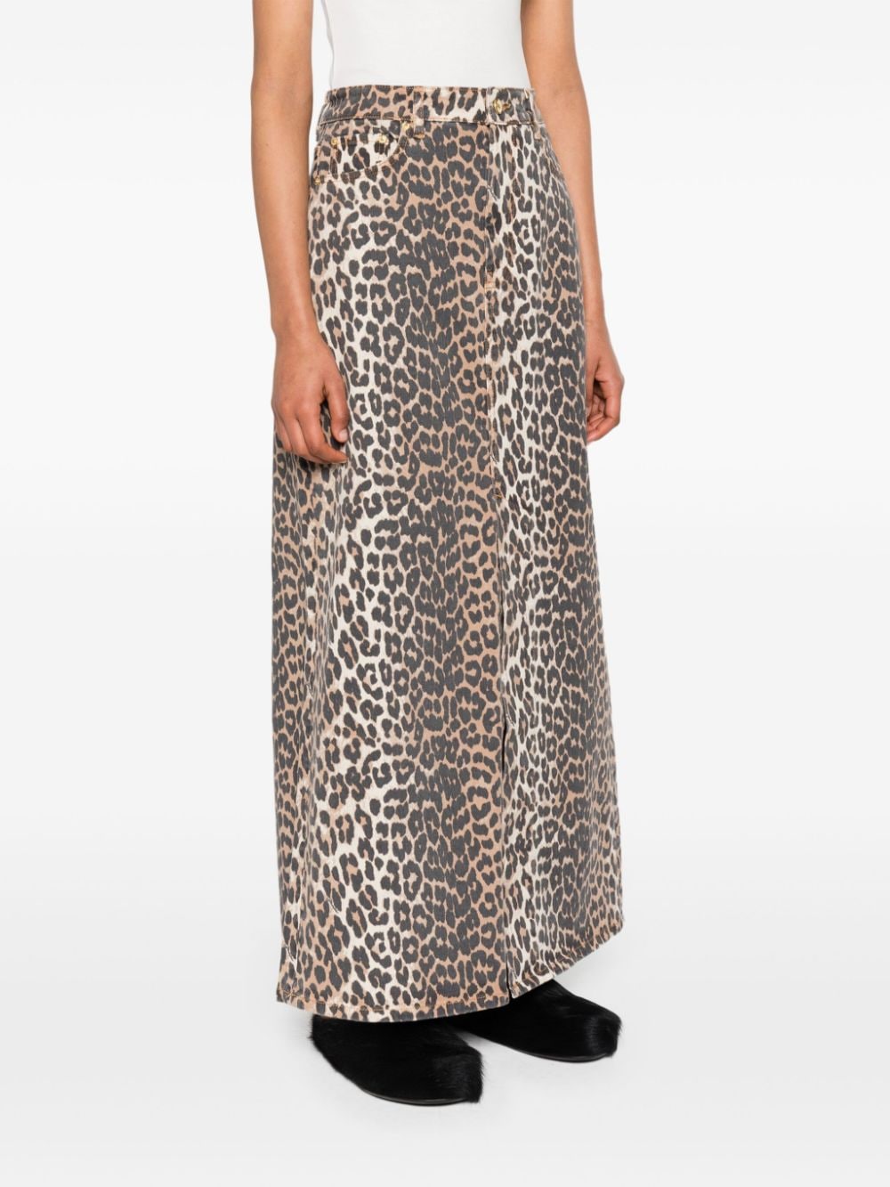 GANNI Brown Leopard Print Organic Cotton Denim Skirt image 4