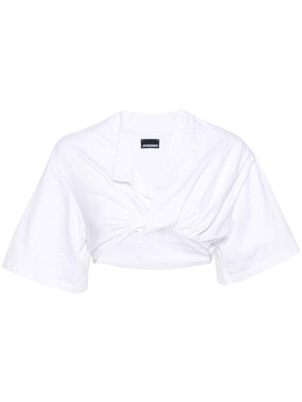 JACQUEMUS White Cotton Twist V-Neck T-Shirt with Cropped Hem image 0