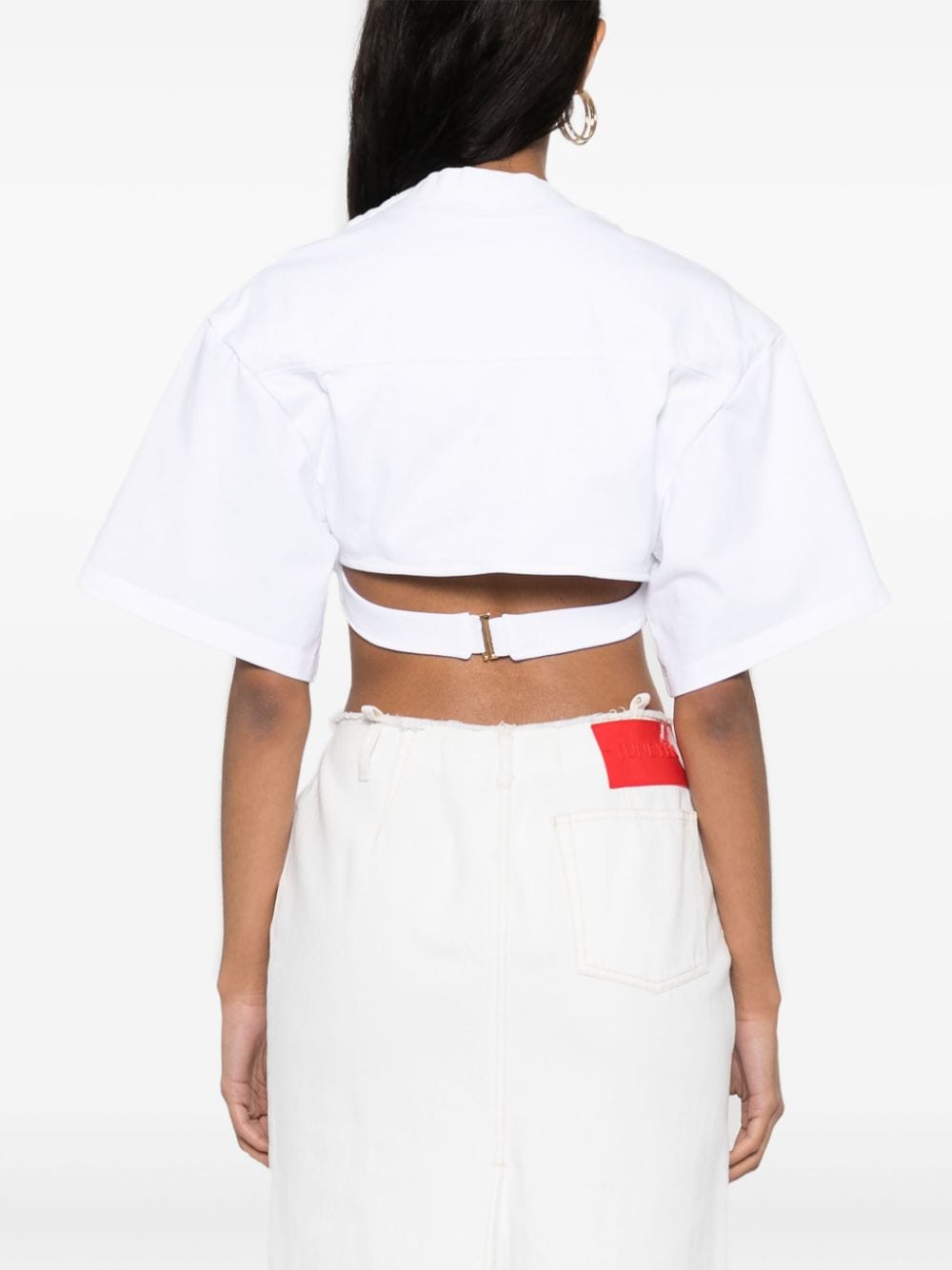 JACQUEMUS White Cotton Twist V-Neck T-Shirt with Cropped Hem image 2