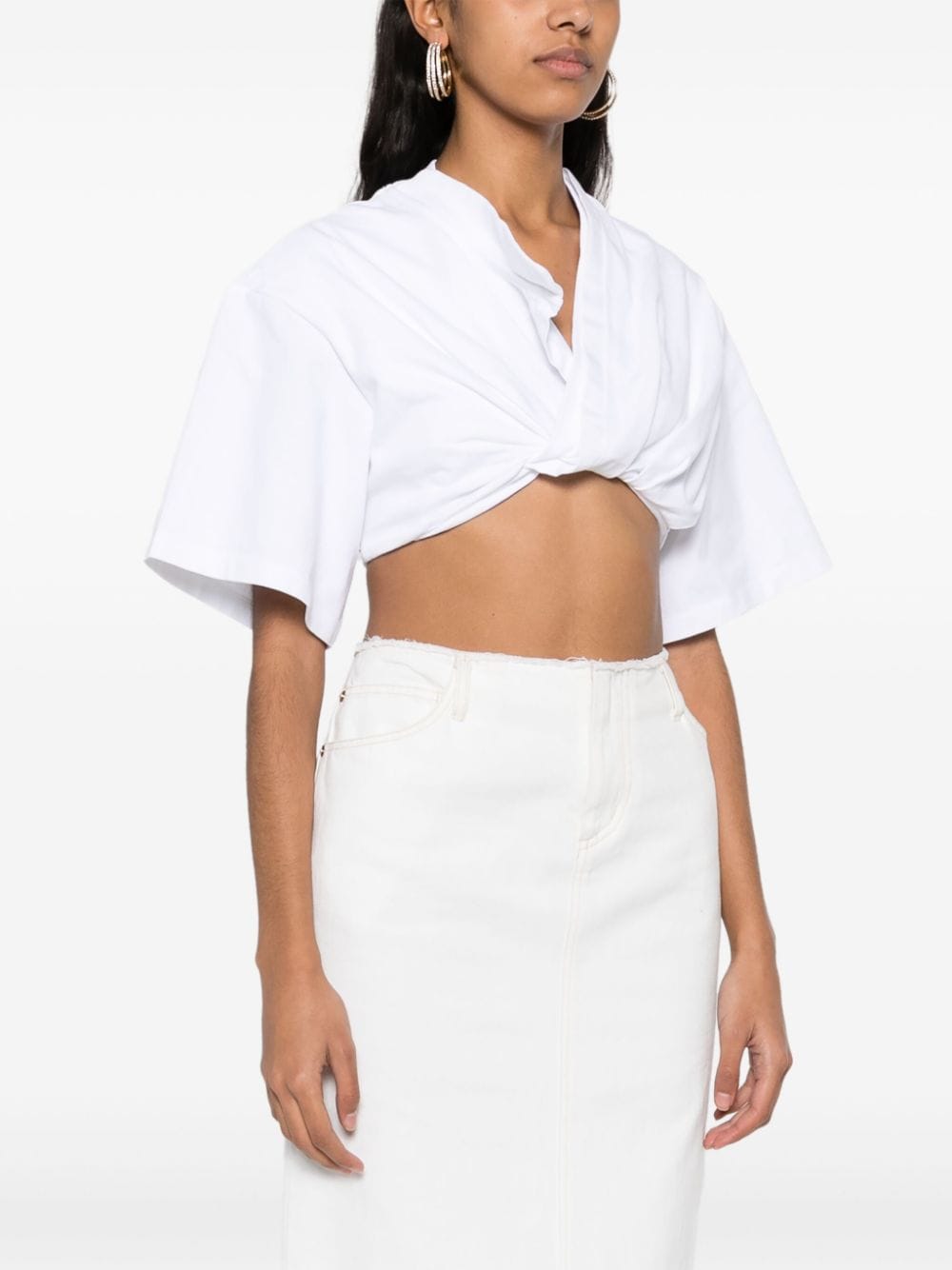 JACQUEMUS White Cotton Twist V-Neck T-Shirt with Cropped Hem image 3