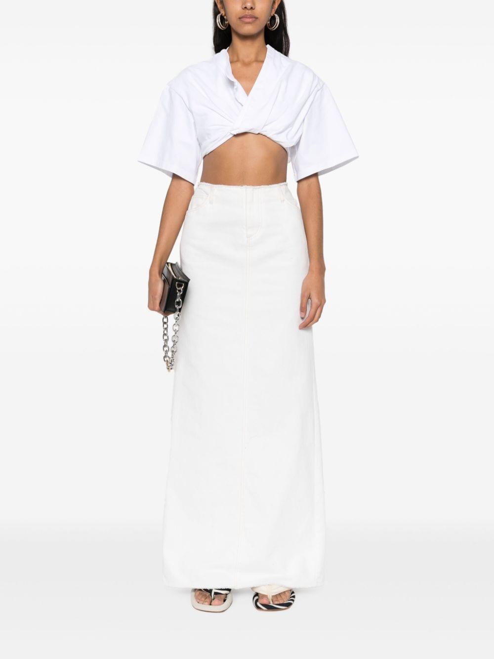 JACQUEMUS White Cotton Twist V-Neck T-Shirt with Cropped Hem image 4