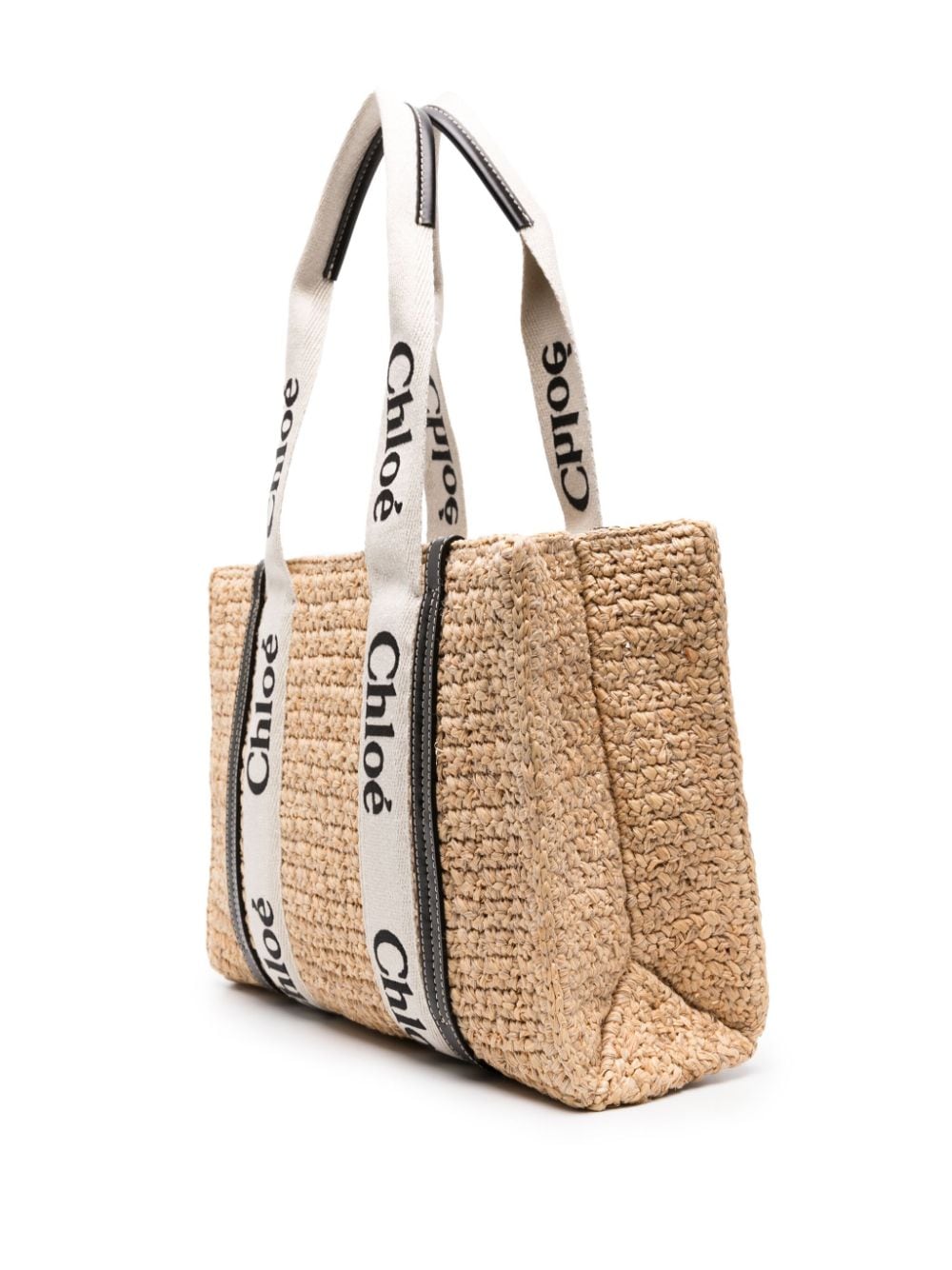 Chloé Raffia Woven Shoulder Bag with Leather Trim - Beige image 2