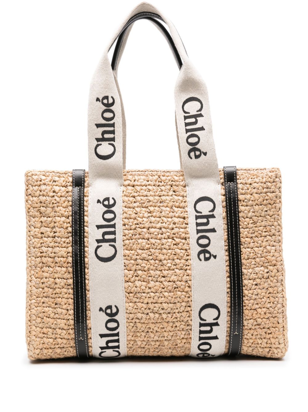 Chloé Raffia Woven Shoulder Bag with Leather Trim - Beige image 0