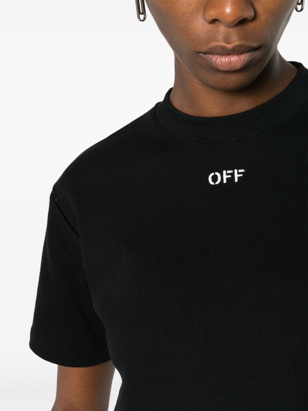 Off-White Ribbed Cropped T-Shirt with Logo Print - Black image 1