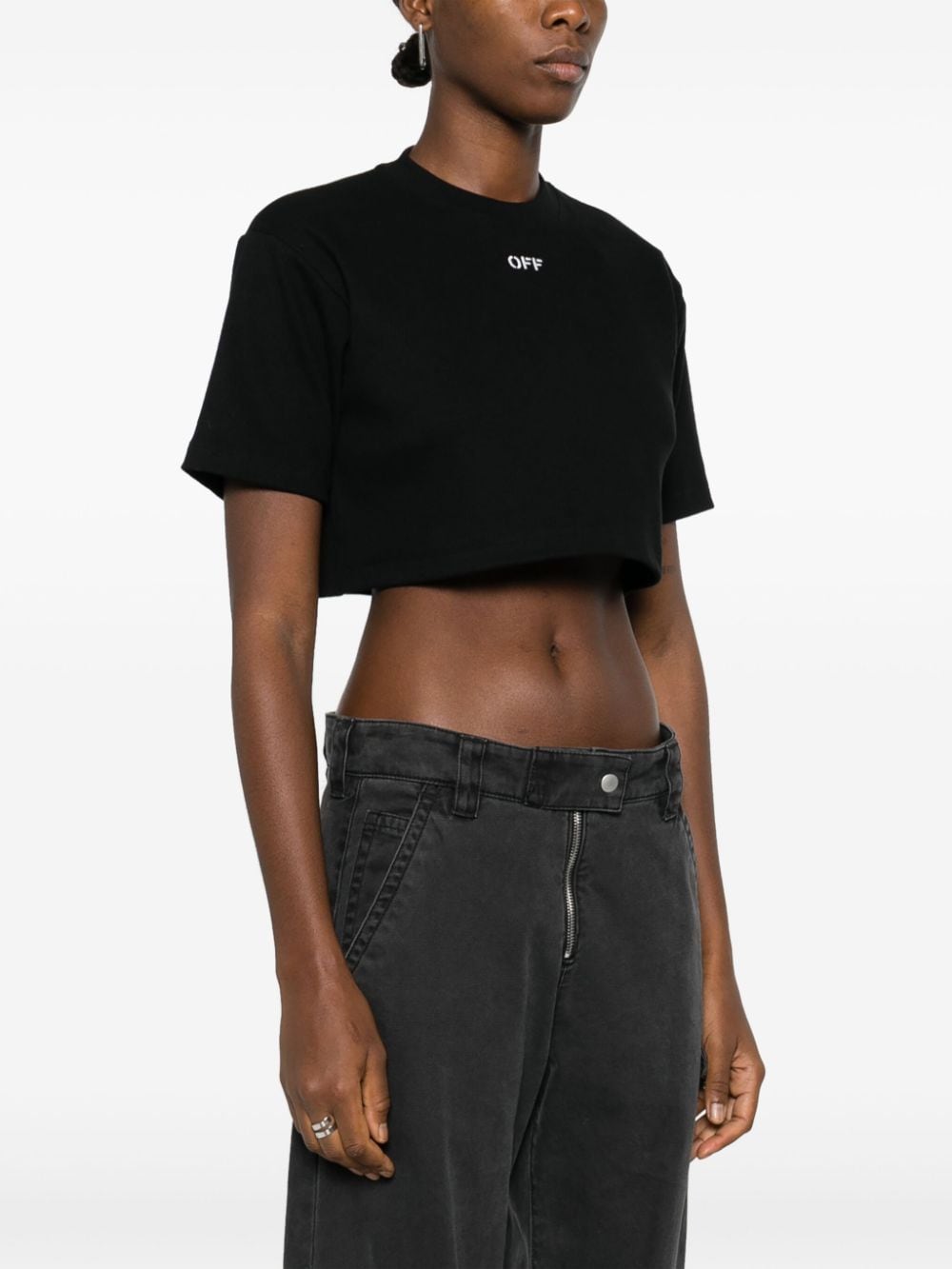 Off-White Ribbed Cropped T-Shirt with Logo Print - Black image 2