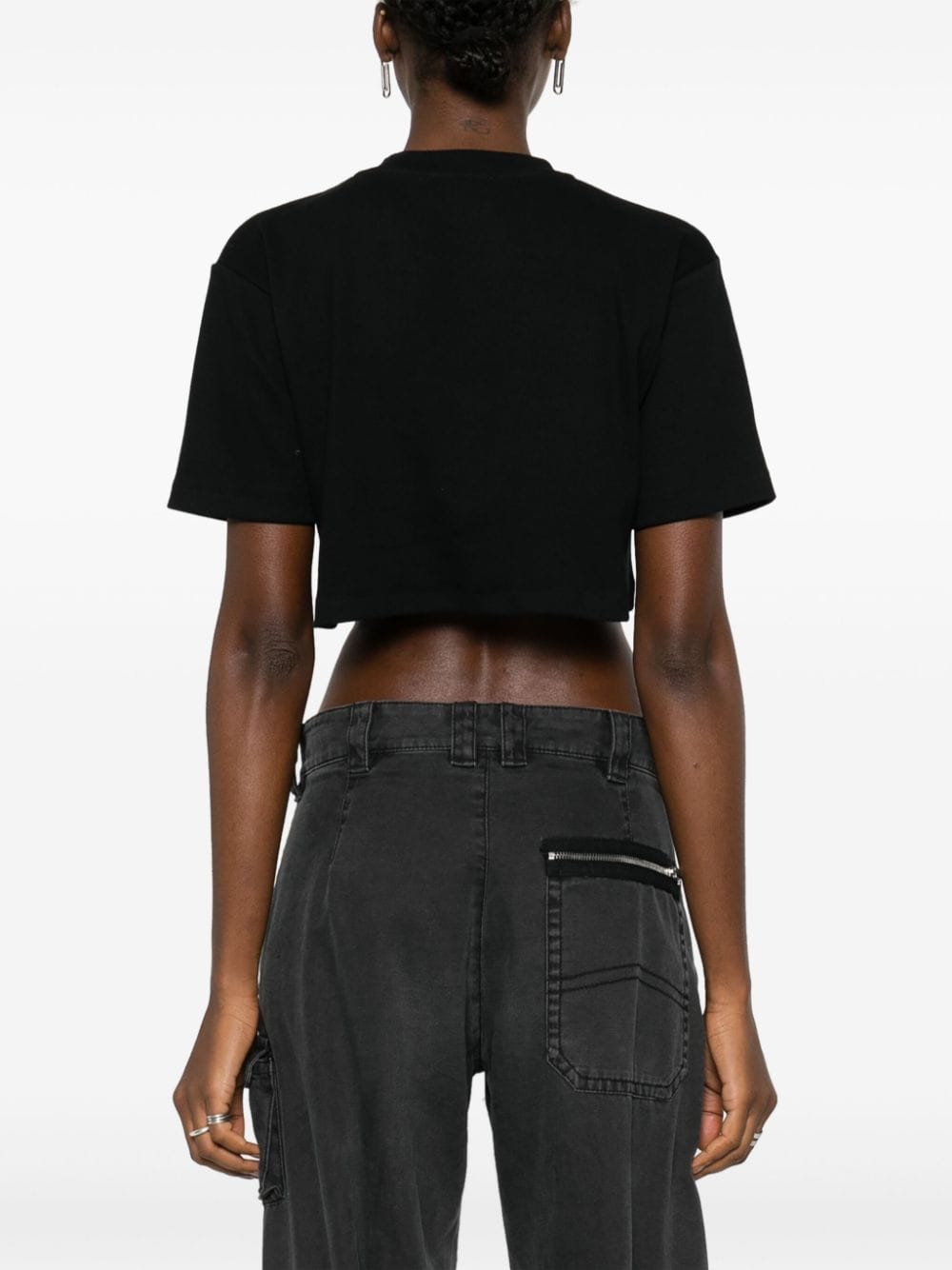 Off-White Ribbed Cropped T-Shirt with Logo Print - Black image 3