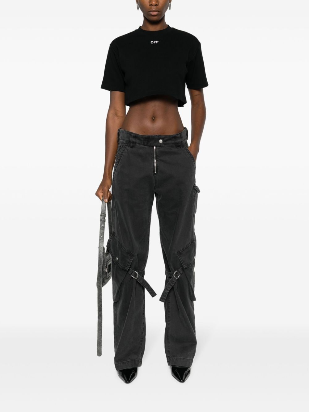 Off-White Ribbed Cropped T-Shirt with Logo Print - Black image 4