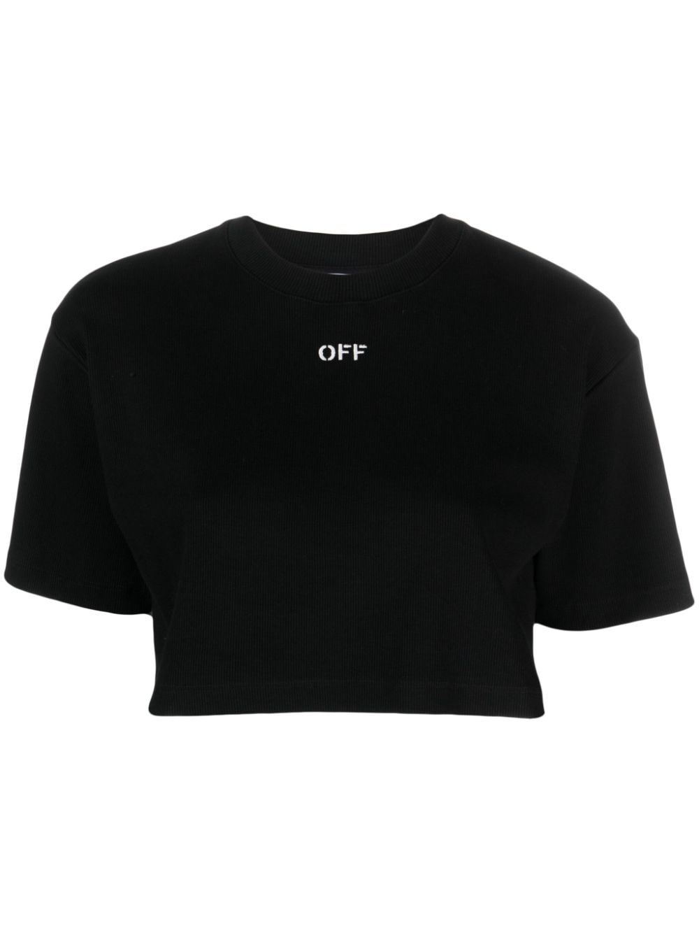 Off-White Ribbed Cropped T-Shirt with Logo Print - Black image 0