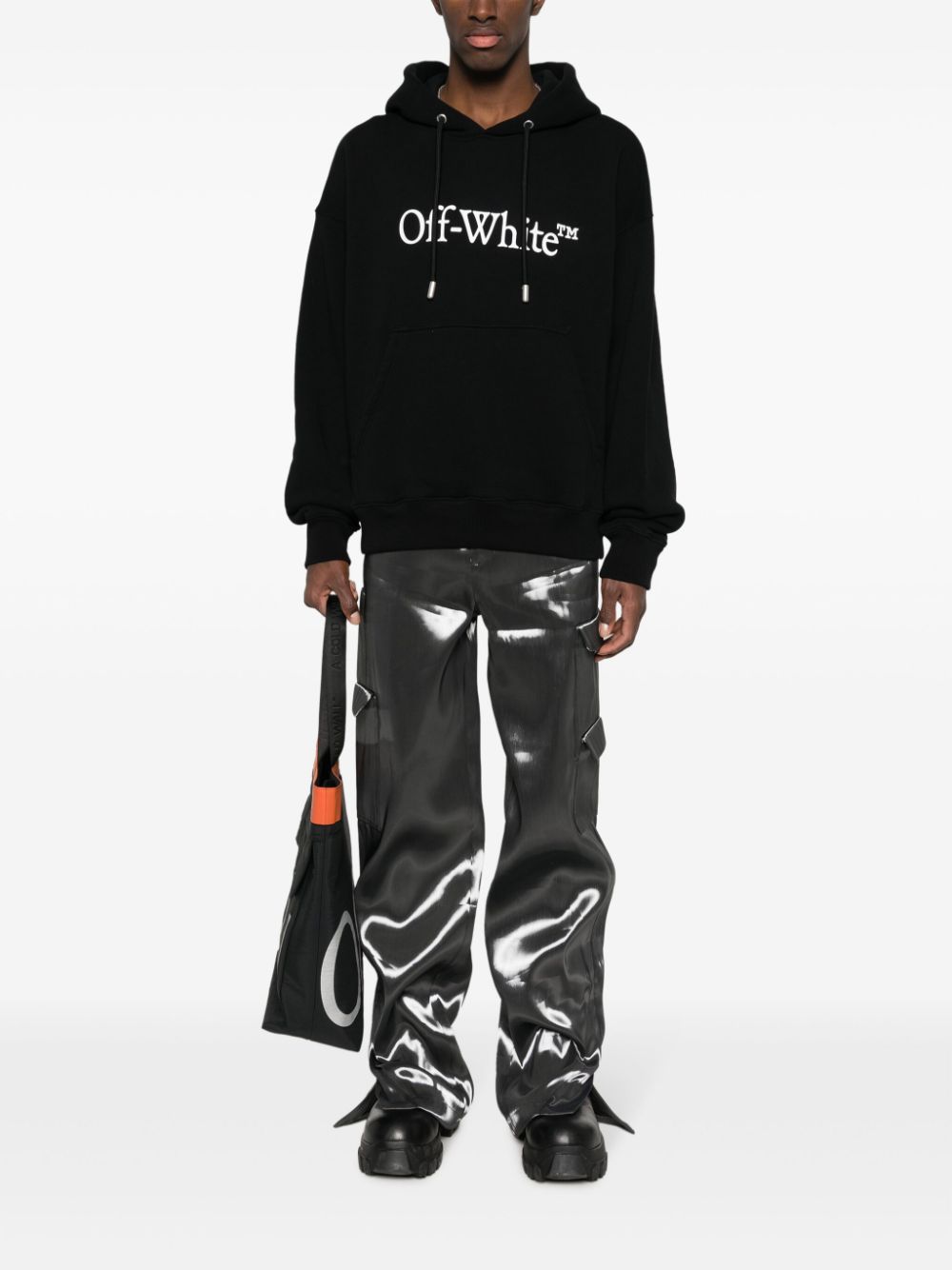 Off-White Black Logo Print Drawstring Hoodie image 3