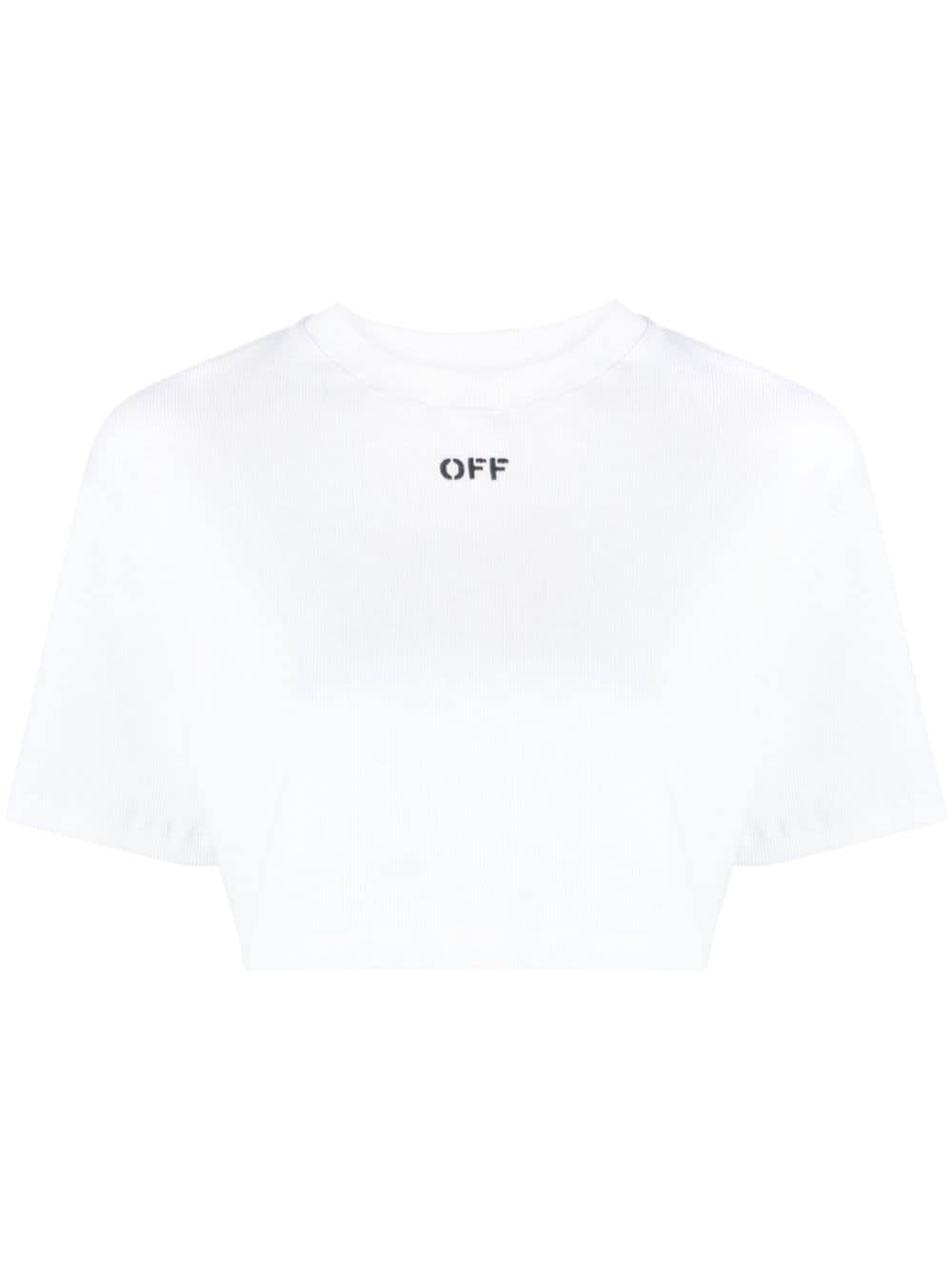 Off-White Ribbed Cropped T-Shirt with Logo Print image 0