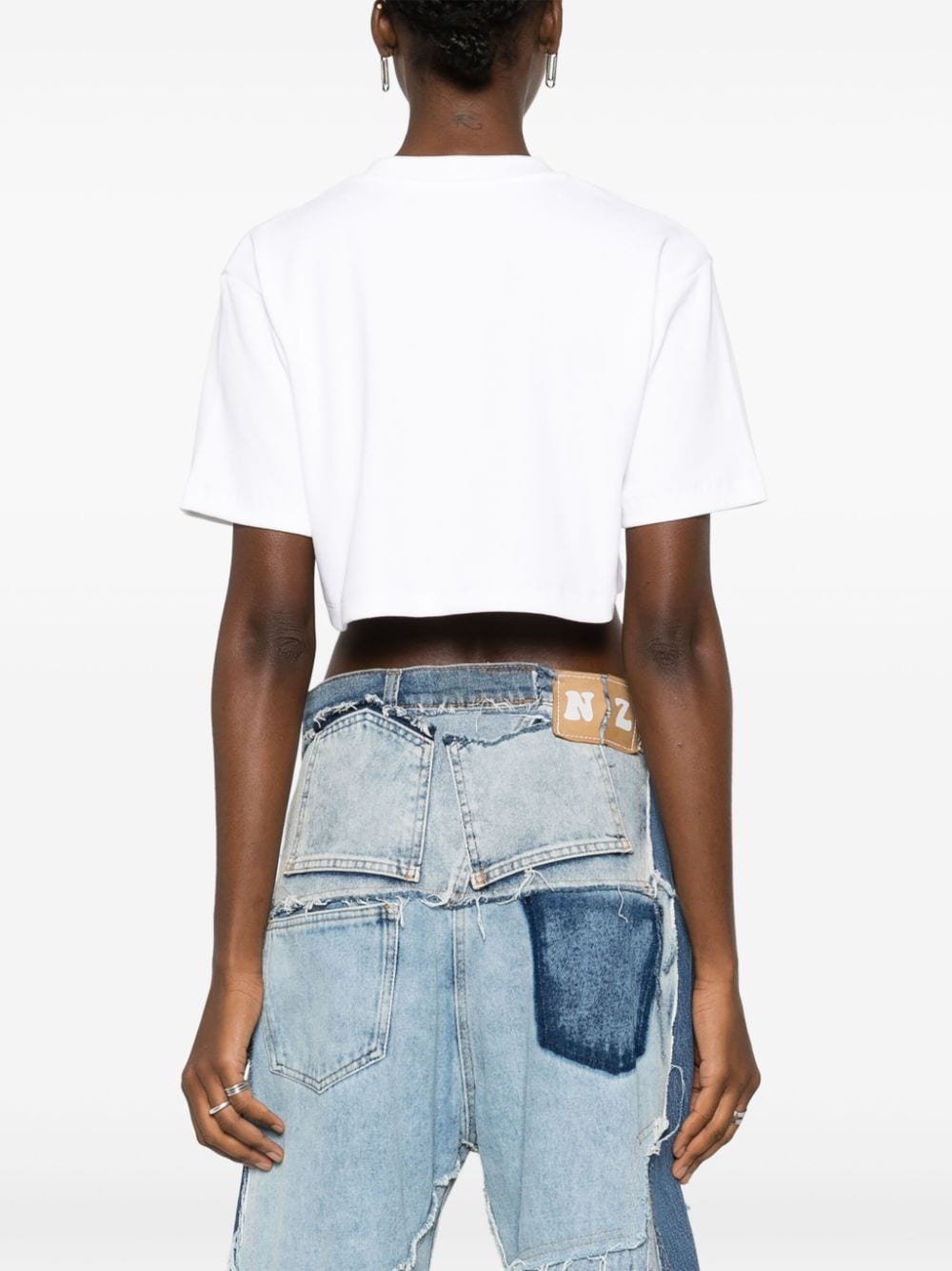 Off-White Ribbed Cropped T-Shirt with Logo Print image 1