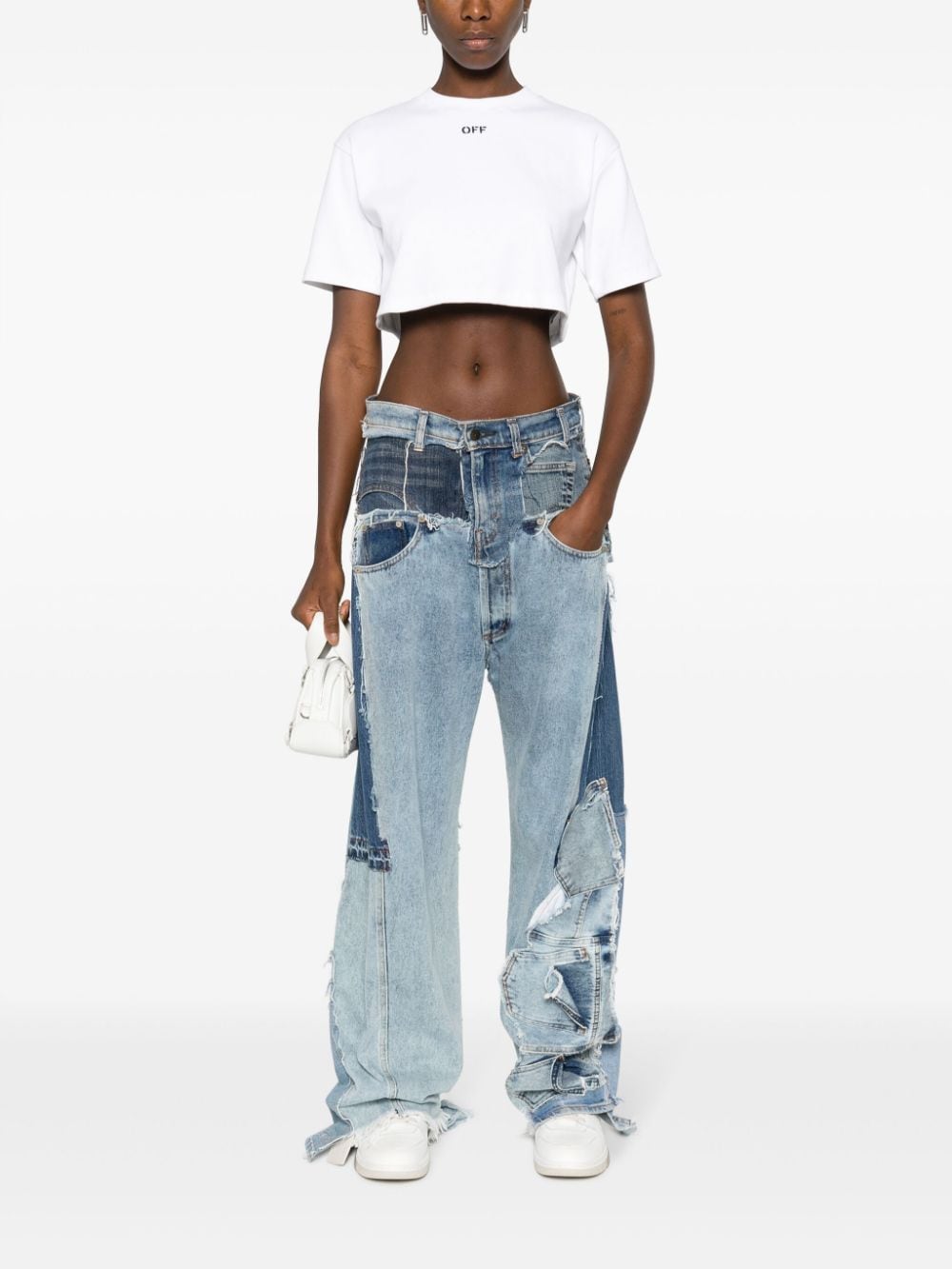 Off-White Ribbed Cropped T-Shirt with Logo Print image 2