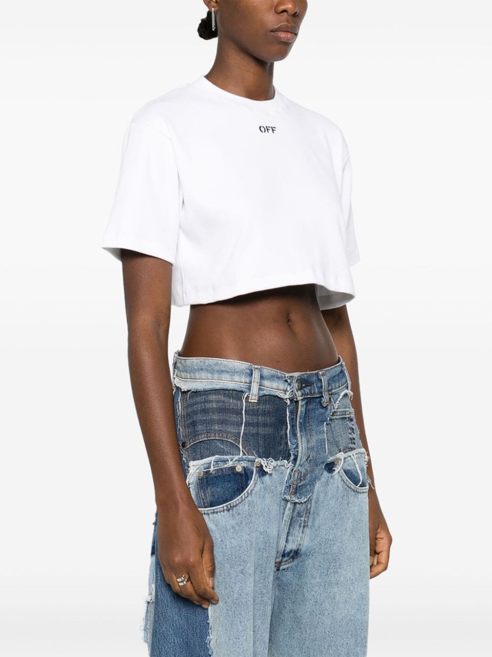 Off-White Ribbed Cropped T-Shirt with Logo Print image 3